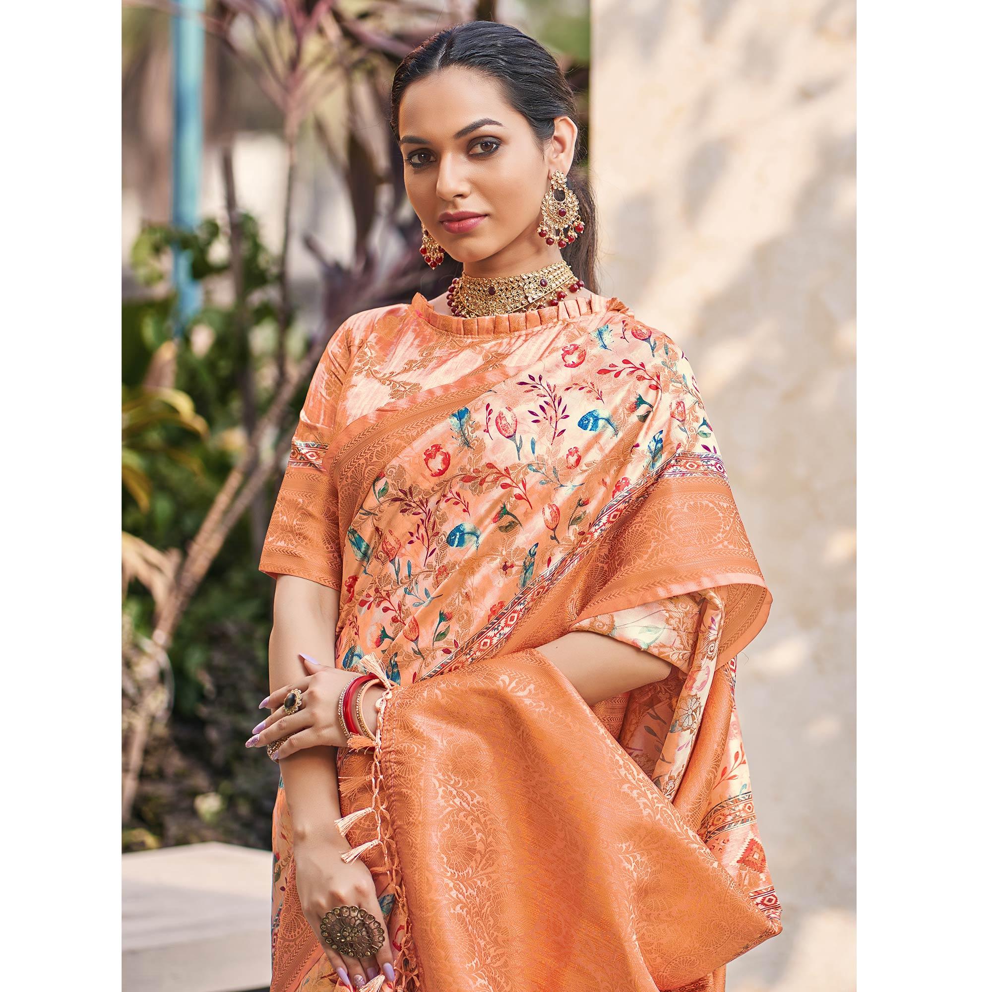 Peach Floral Digital Printed Pure Silk Saree - Peachmode