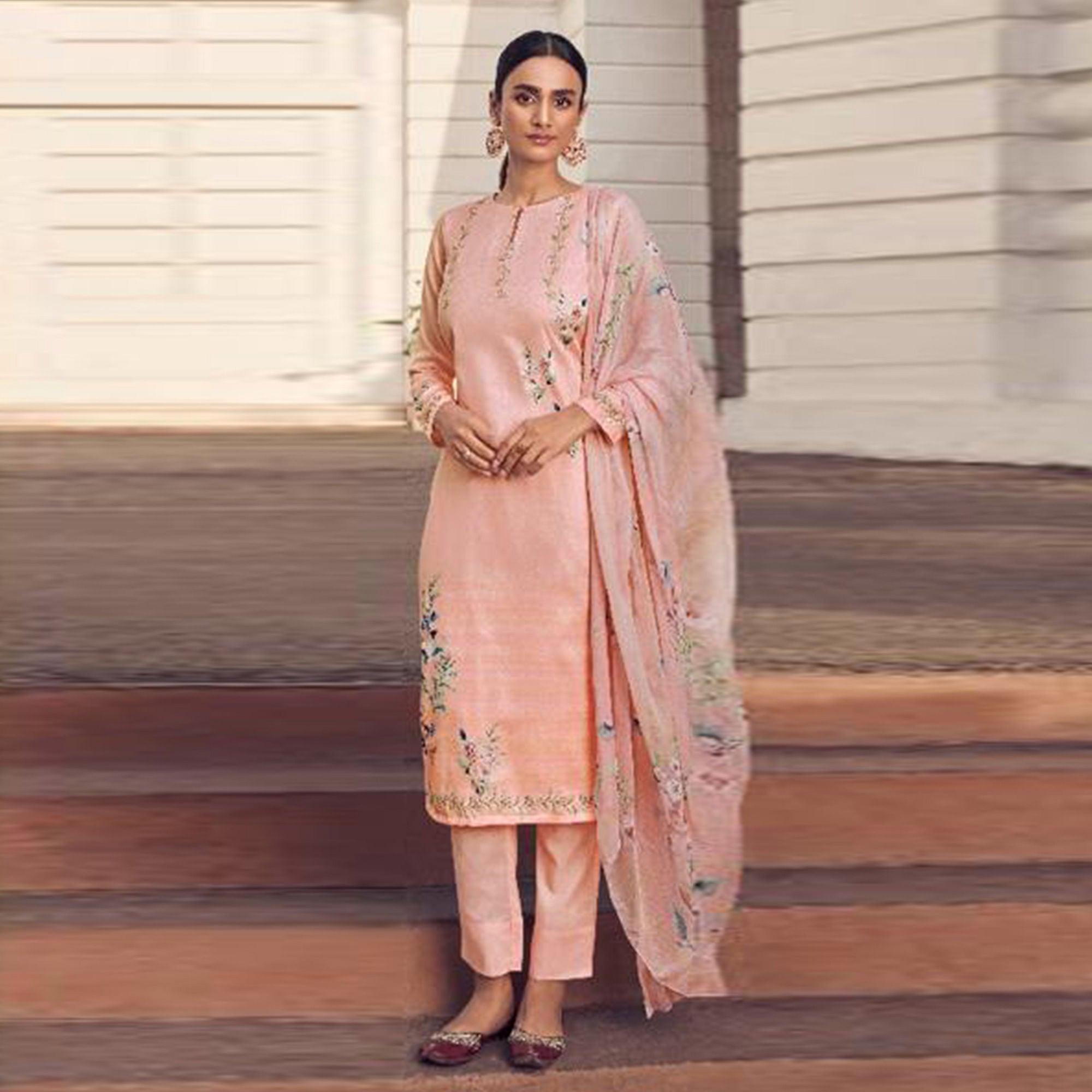 Peach Floral Digital Printed With Handwork Cambric Cotton Partywear Suit - Peachmode