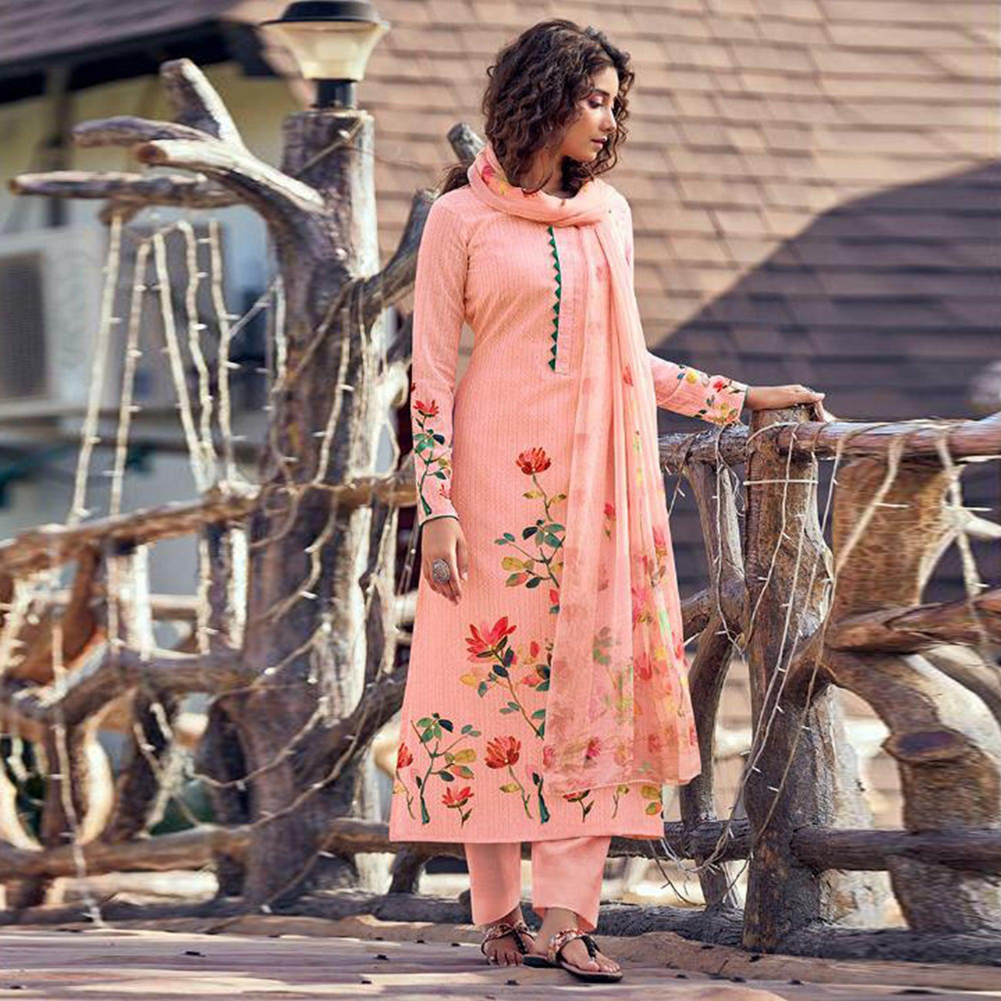 Peach Floral Digital Printed With Handwork Cambric Cotton Partywear Suit - Peachmode