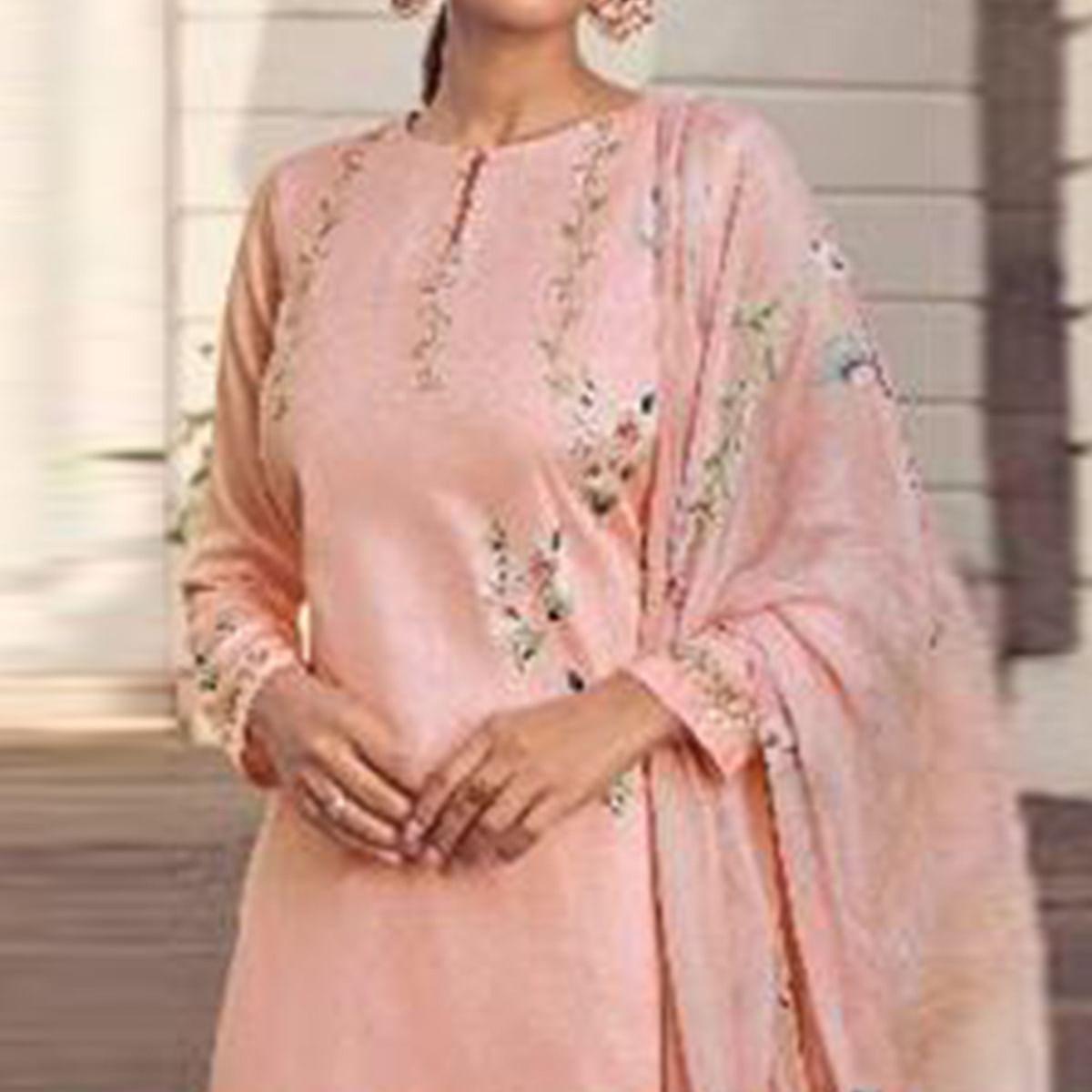 Peach Floral Digital Printed With Handwork Cambric Cotton Partywear Suit - Peachmode