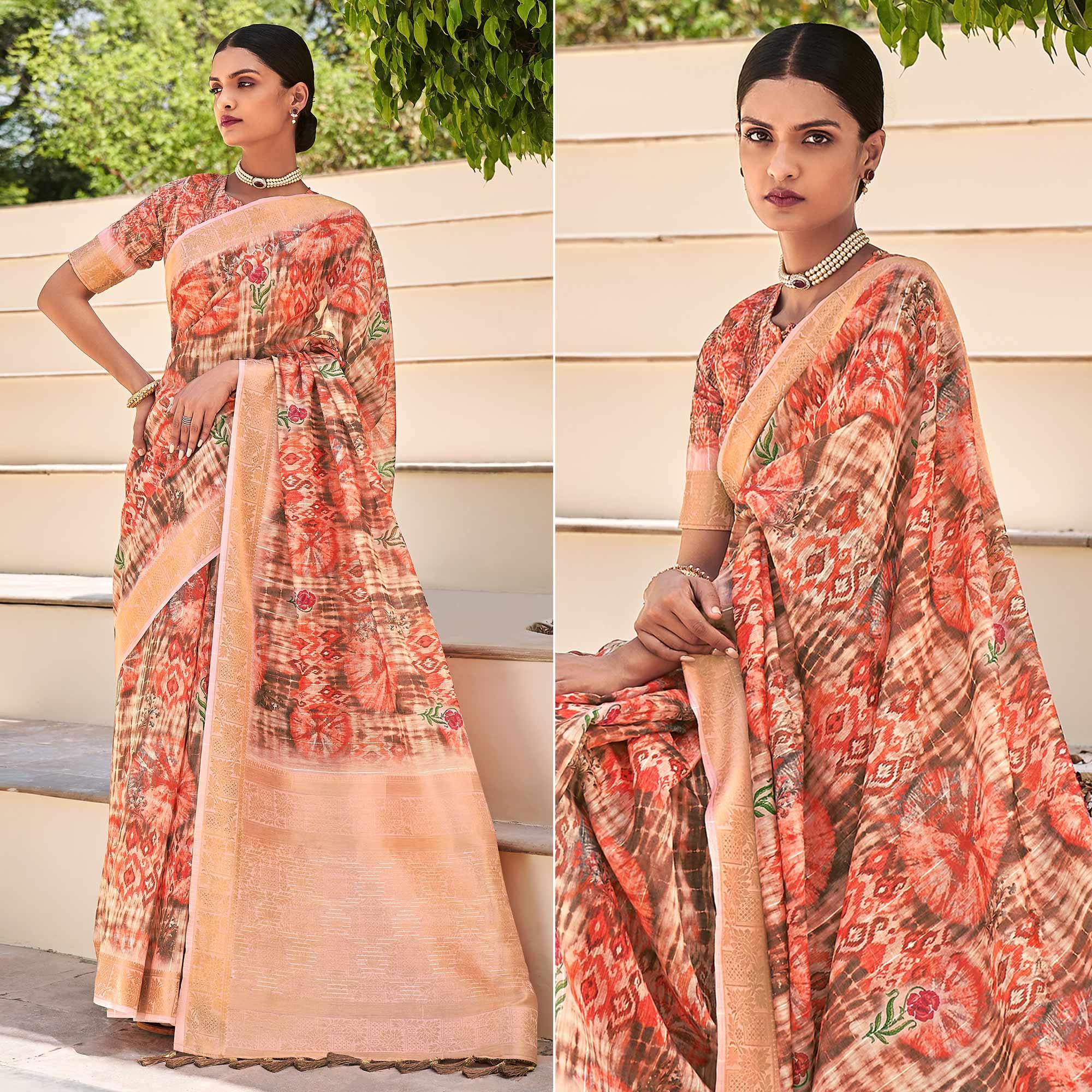 Peach Floral Digital Printed With Sequence Linen Saree - Peachmode