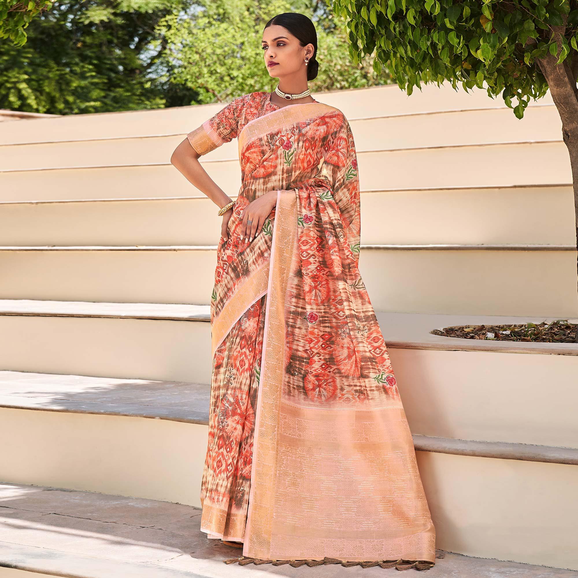 Peach Floral Digital Printed With Sequence Linen Saree - Peachmode