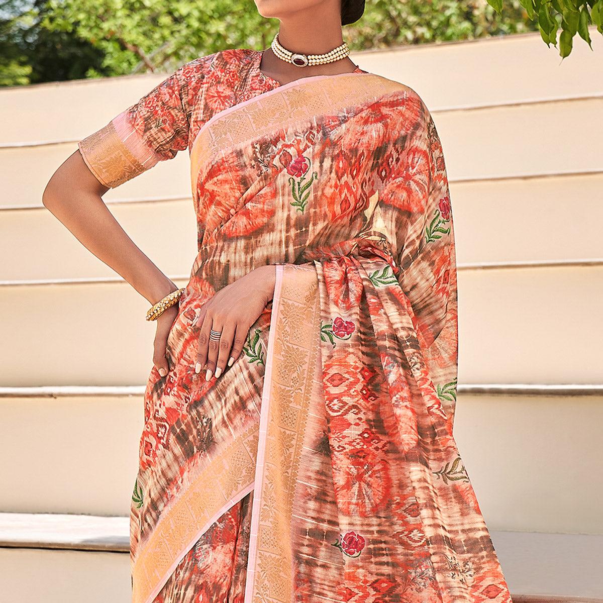 Peach Floral Digital Printed With Sequence Linen Saree - Peachmode