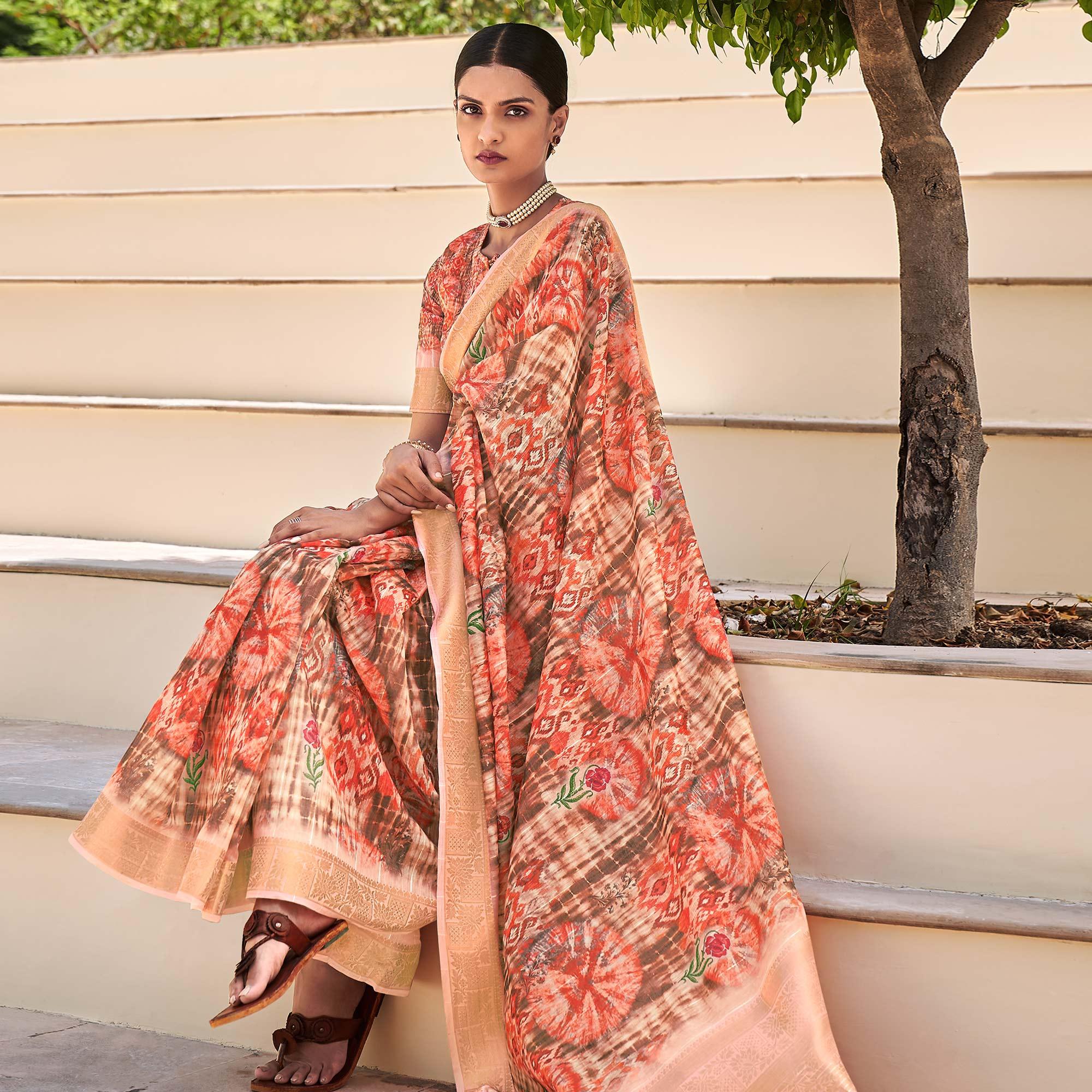Peach Floral Digital Printed With Sequence Linen Saree - Peachmode