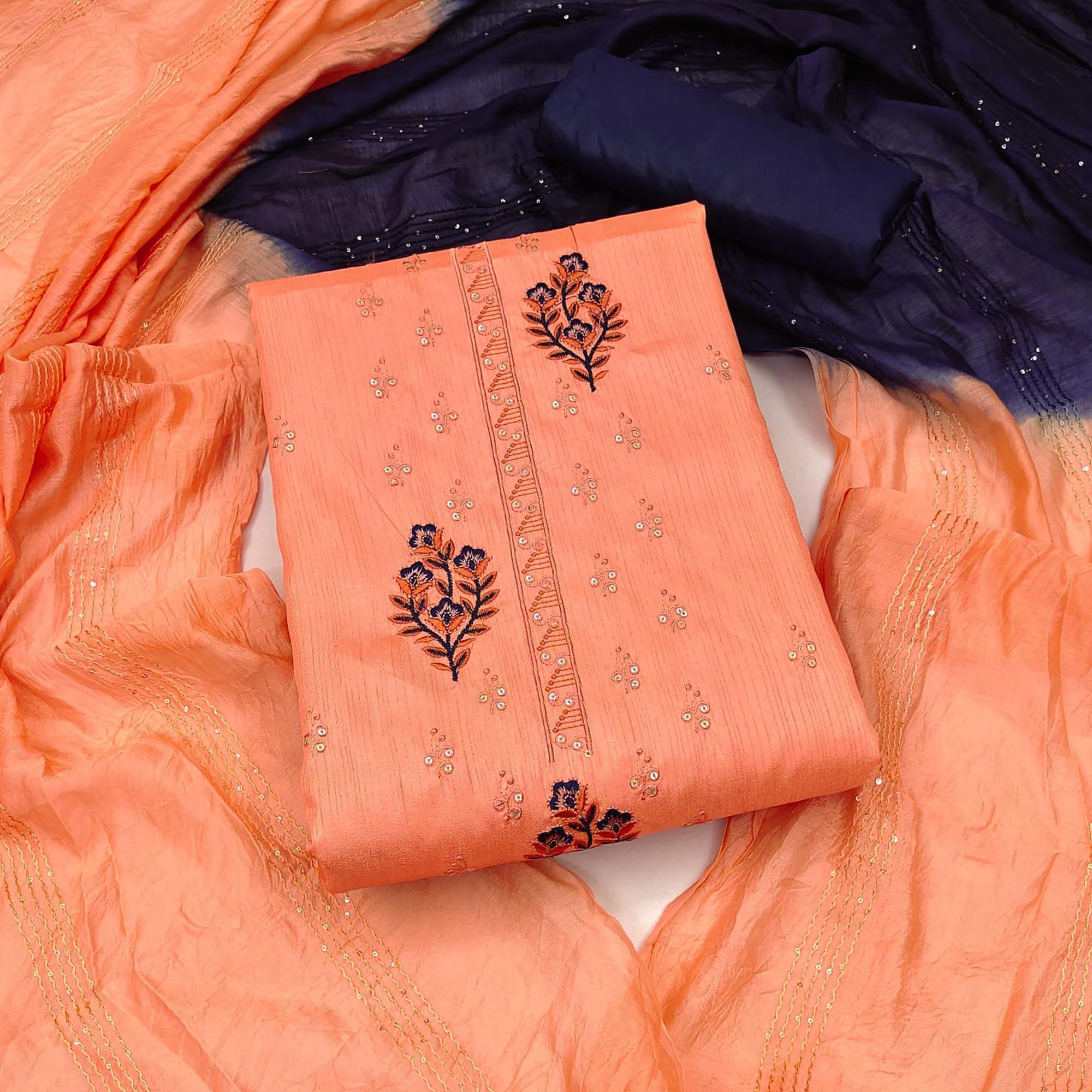 Peach Floral Embroidered Art Silk Dress Material - Peachmode