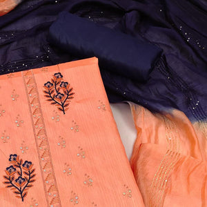 Peach Floral Embroidered Art Silk Dress Material - Peachmode