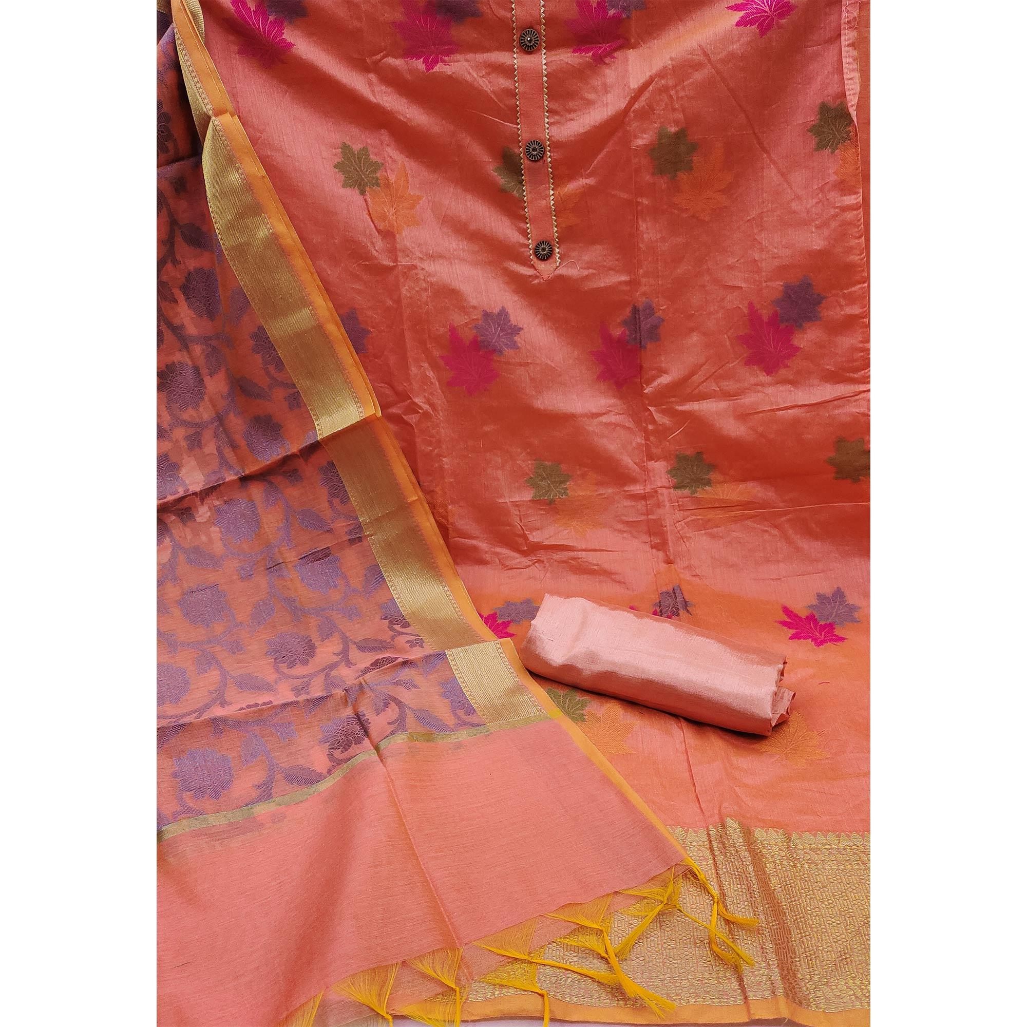 Peach Floral Embroidered Banarasi Silk Dress Material - Peachmode