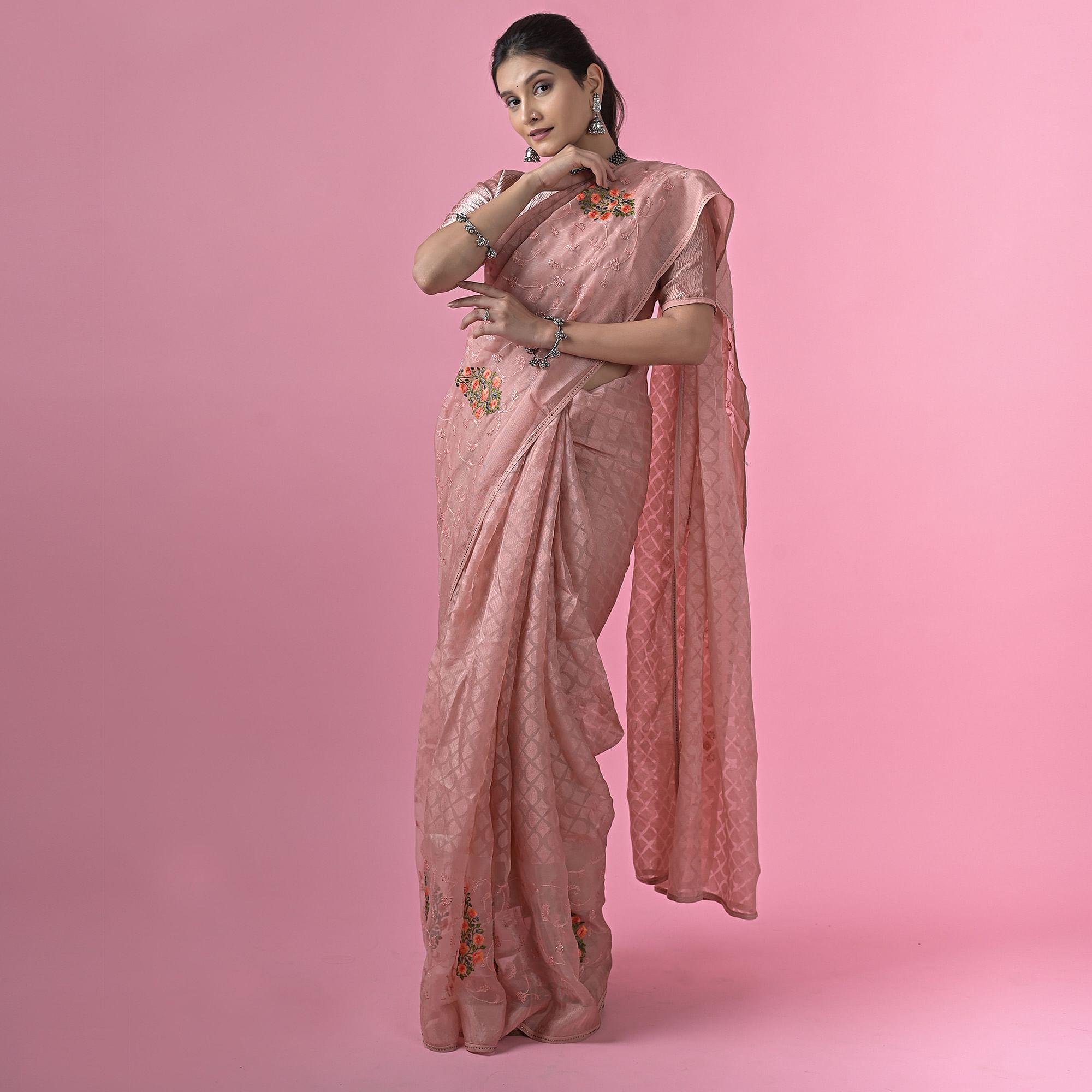 Peach Floral Embroidered Brasso Saree - Peachmode