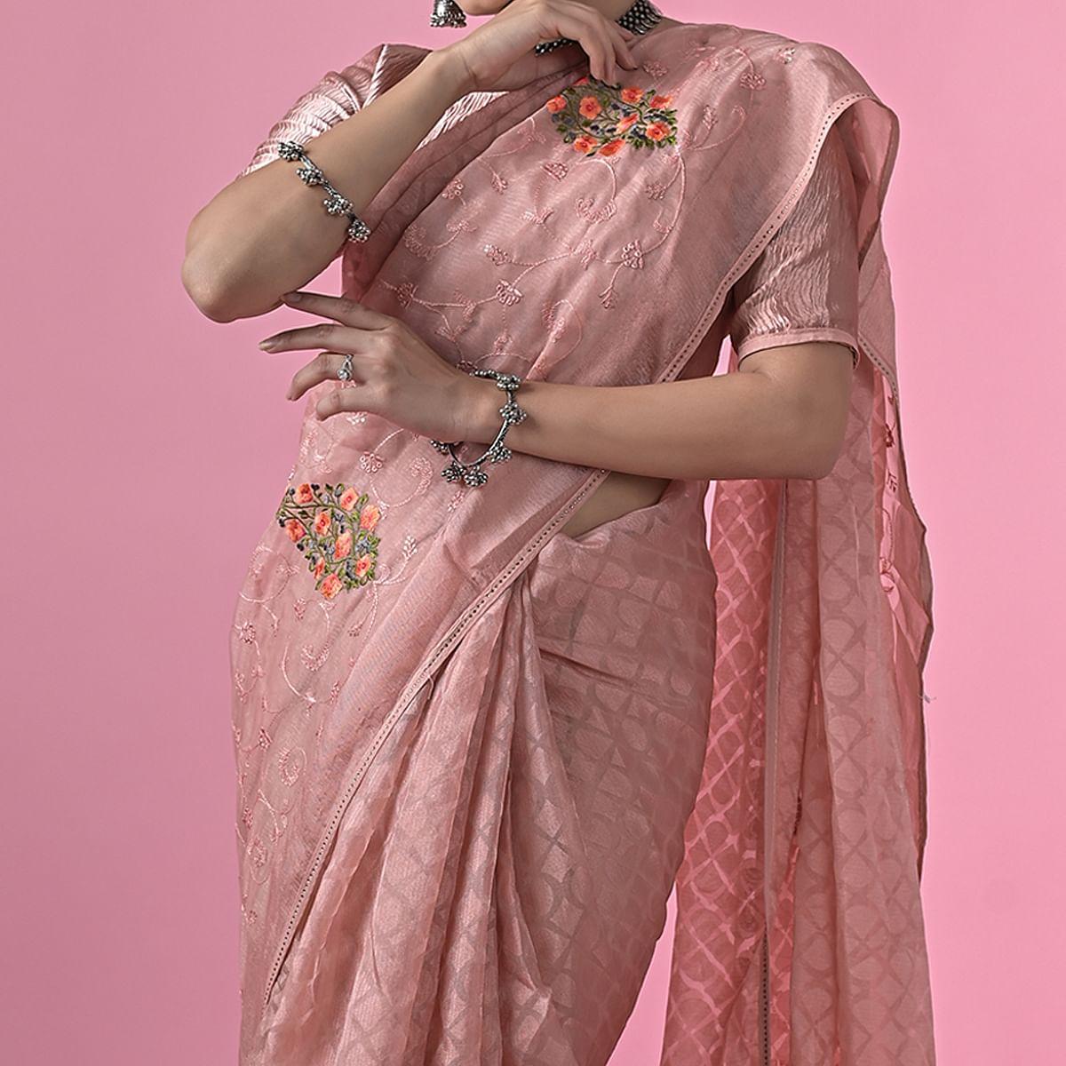 Peach Floral Embroidered Brasso Saree - Peachmode