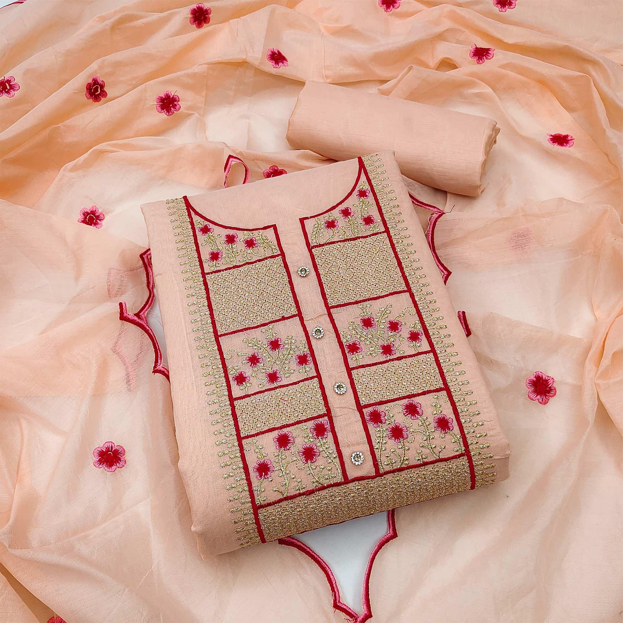 Peach Floral Embroidered Chanderi Dress Material - Peachmode