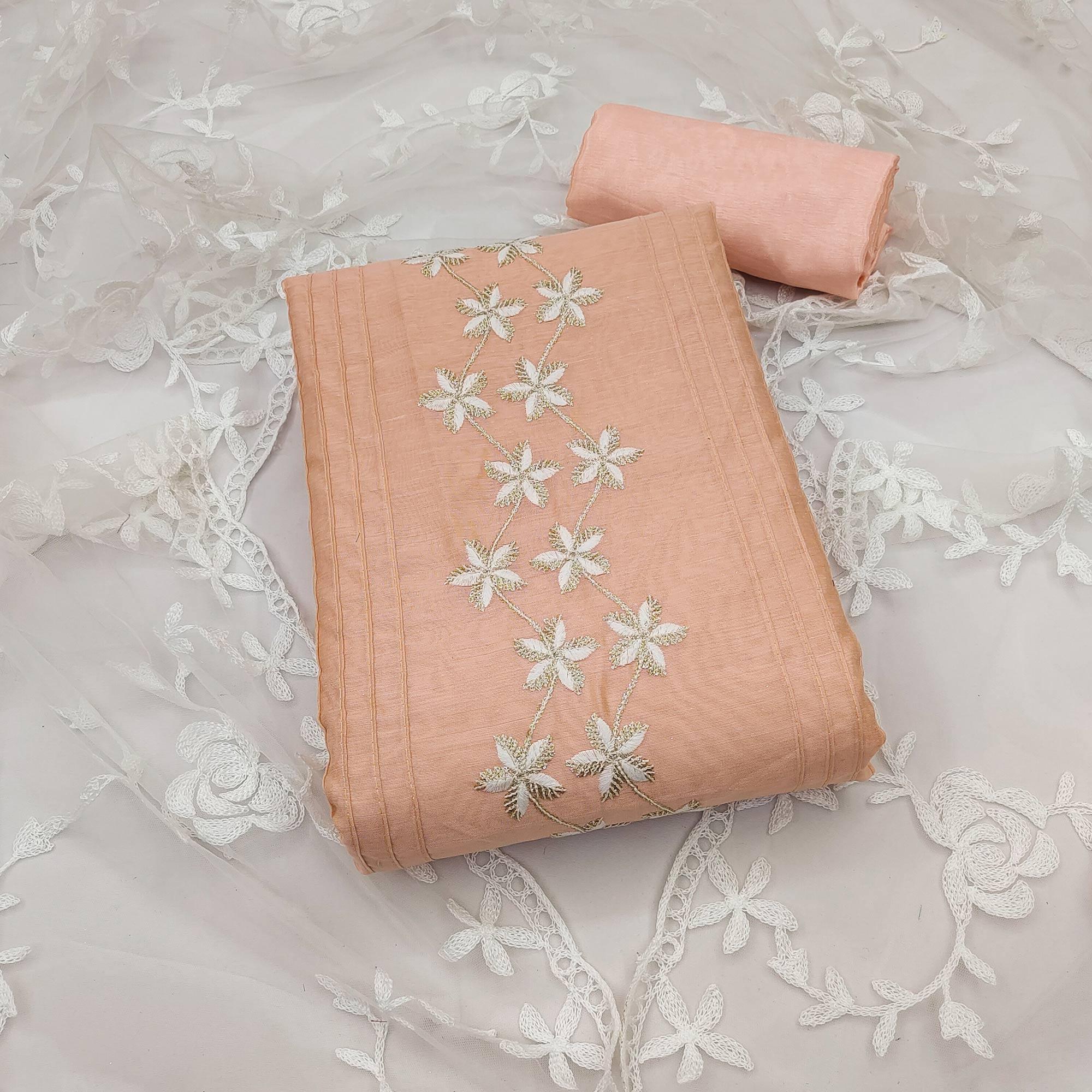 Peach Floral Embroidered Chanderi Dress Material - Peachmode