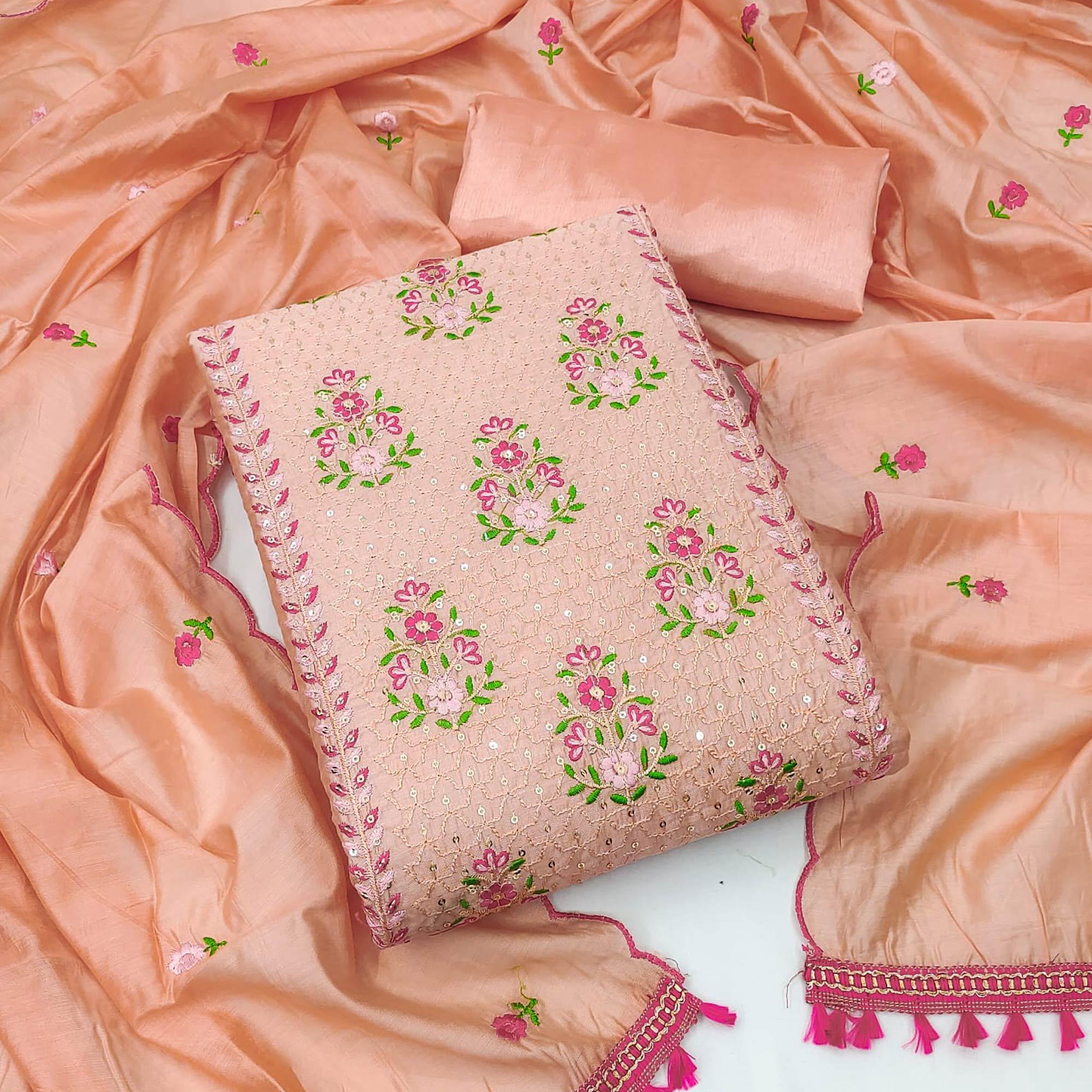 Peach Floral Embroidered Chanderi Dress Material - Peachmode