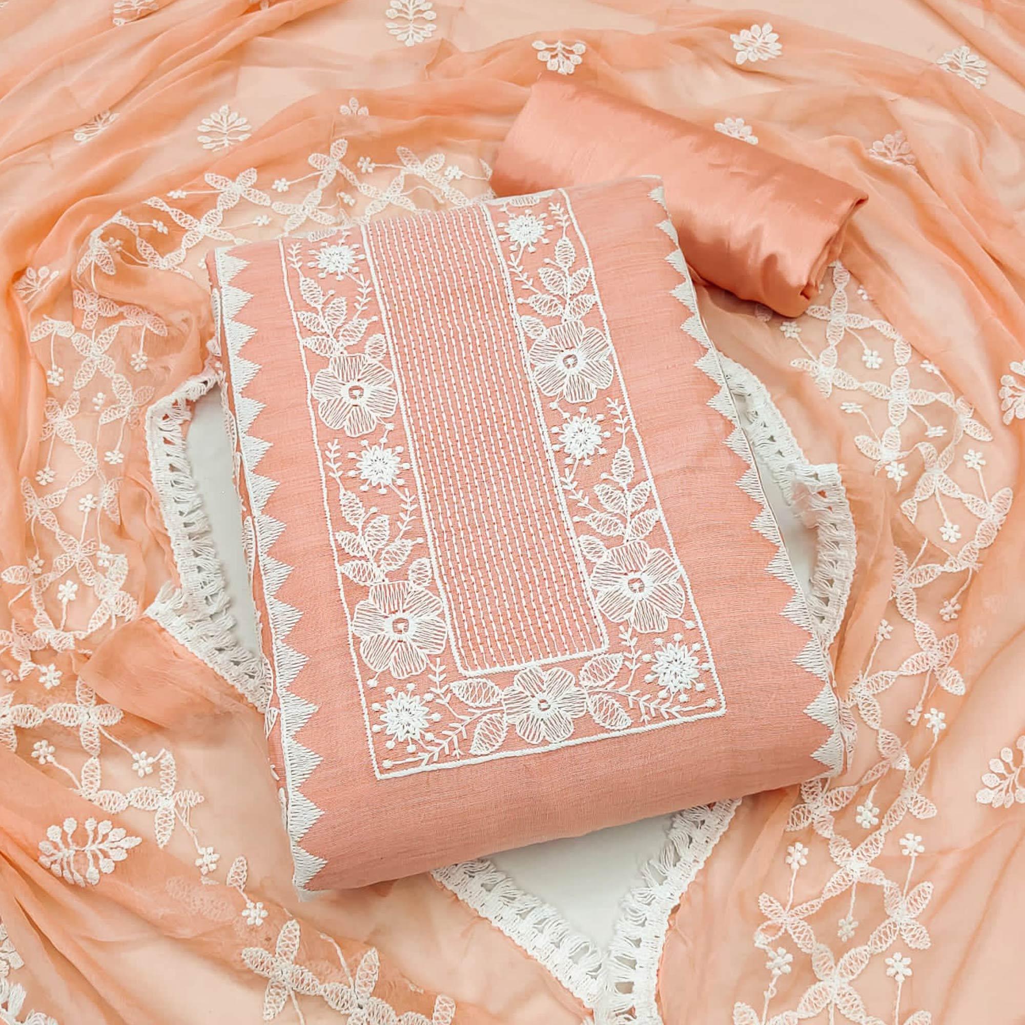 Peach Floral Embroidered Chanderi Dress Material - Peachmode