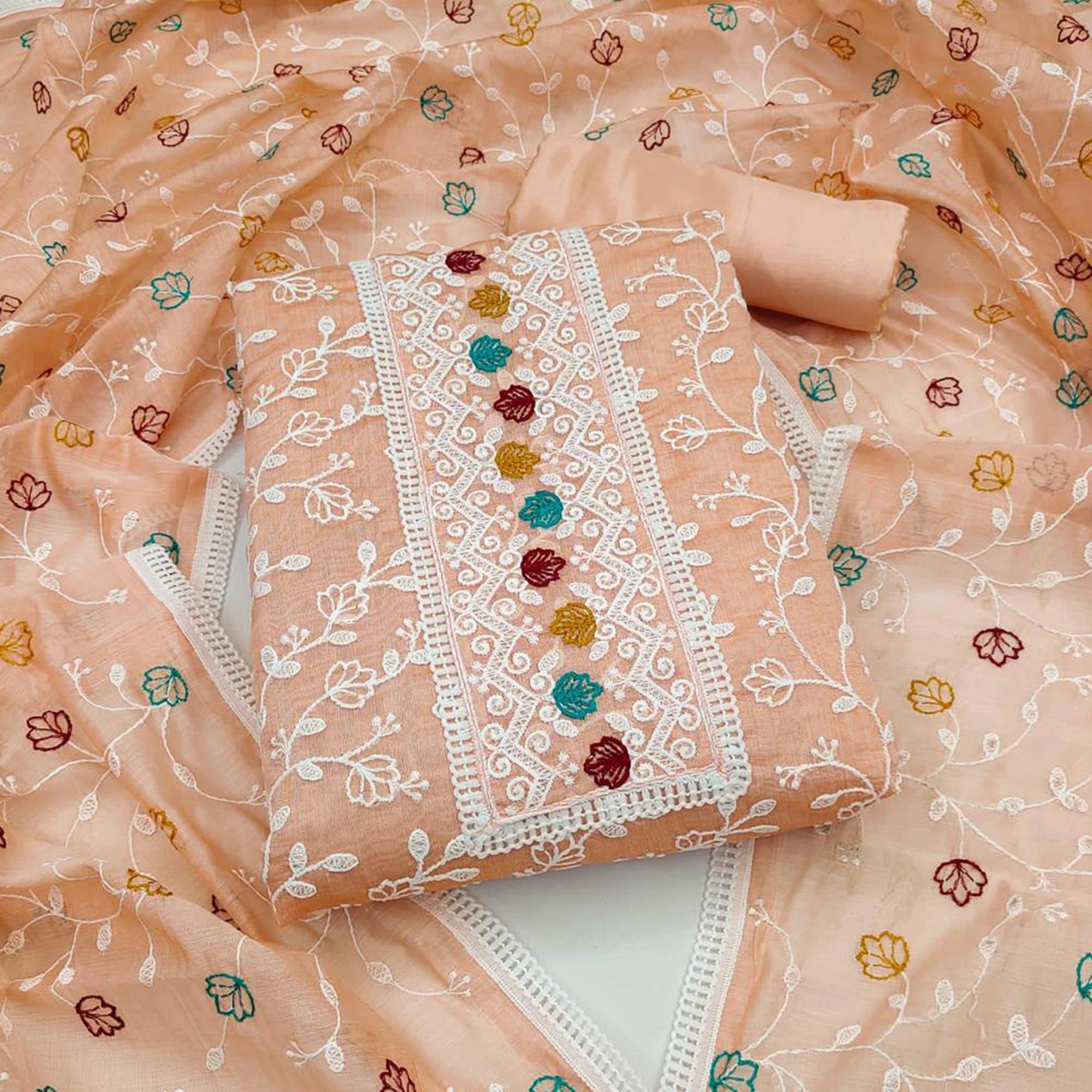 Peach Floral Embroidered Chanderi Dress Material - Peachmode