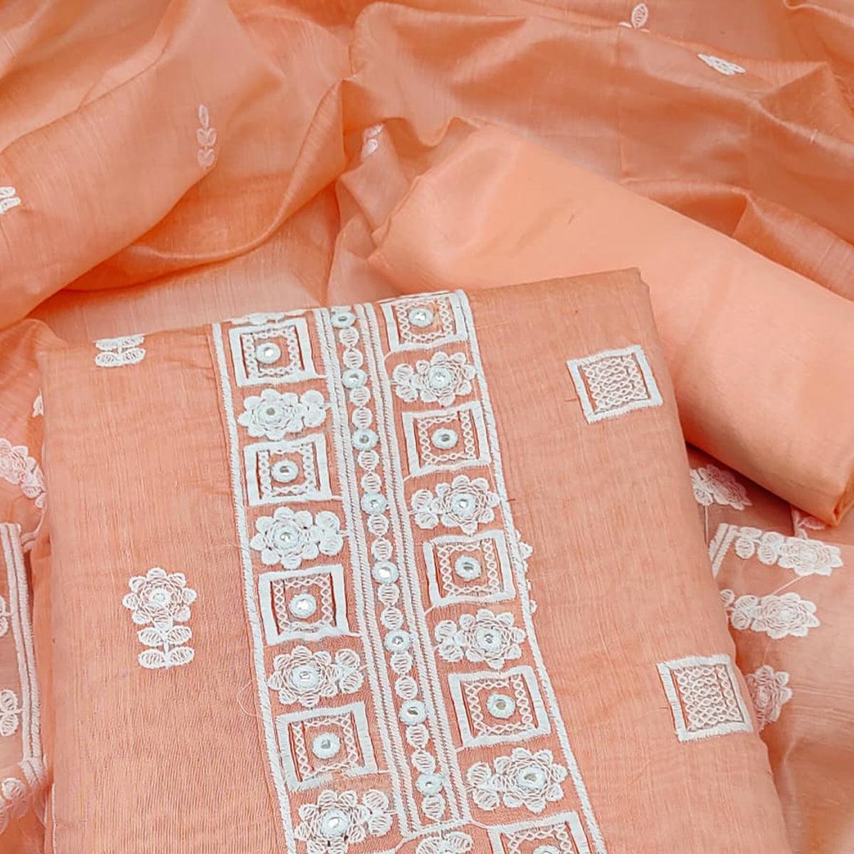 Peach Floral Embroidered Chanderi Dress Material - Peachmode