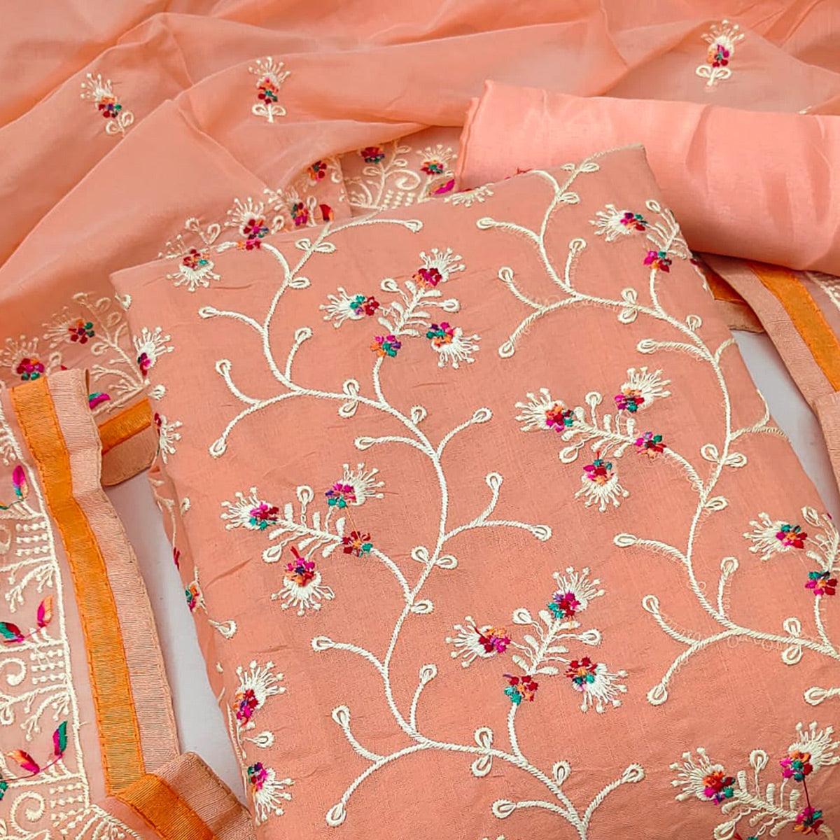 Peach Floral Embroidered Chanderi Dress Material - Peachmode