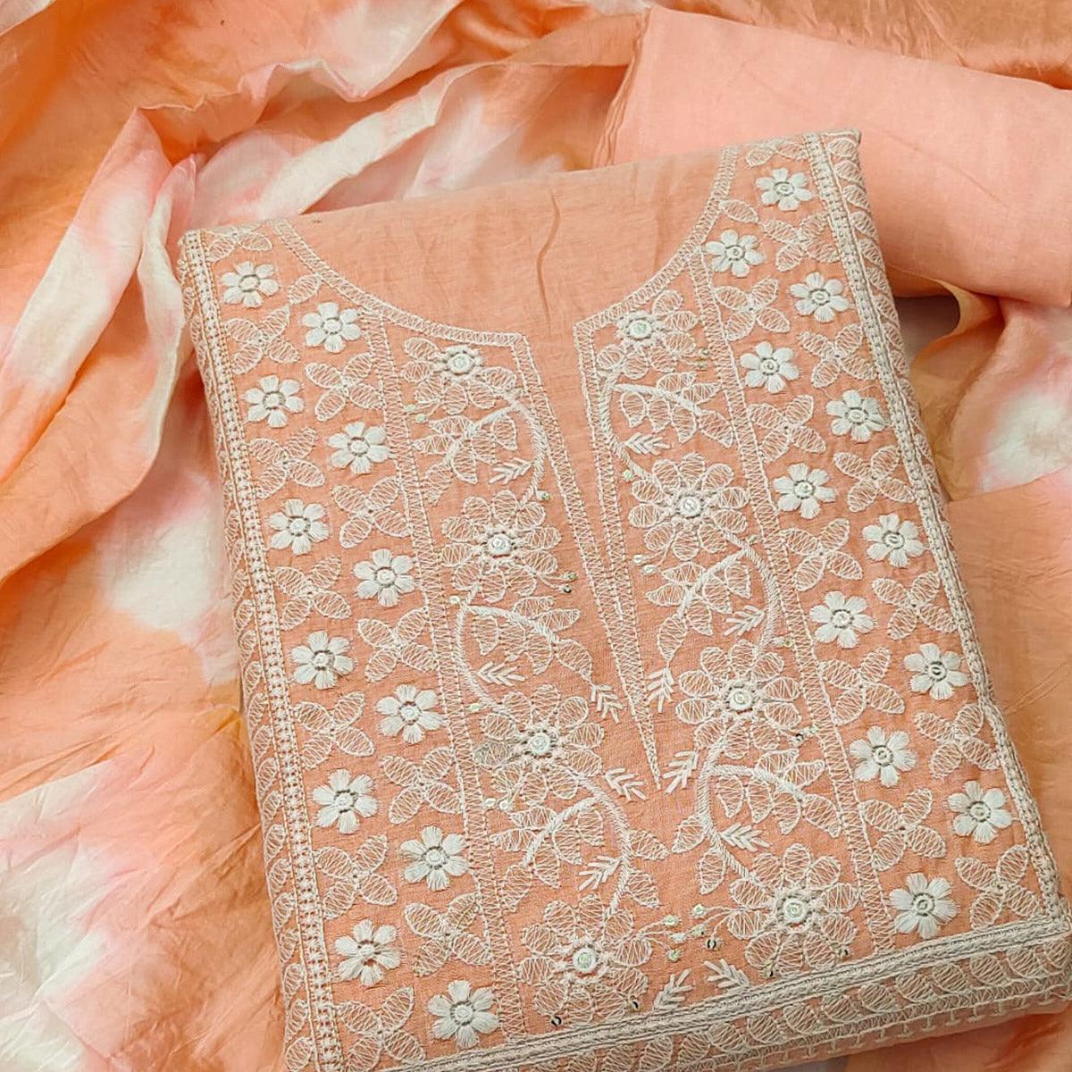 Peach Floral Embroidered Chanderi Dress Material - Peachmode