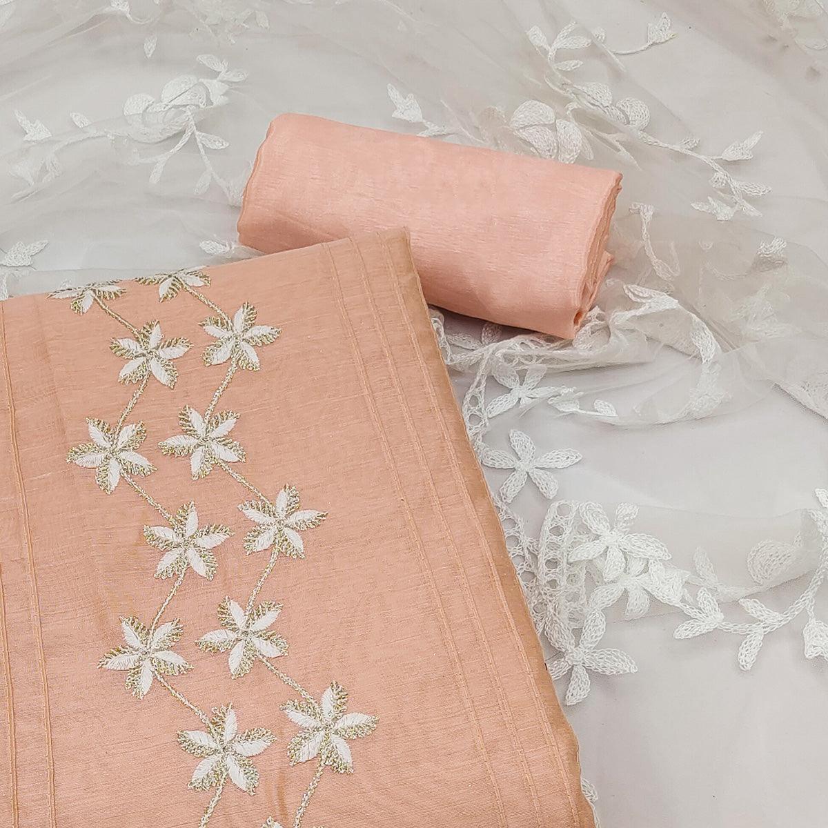 Peach Floral Embroidered Chanderi Dress Material - Peachmode