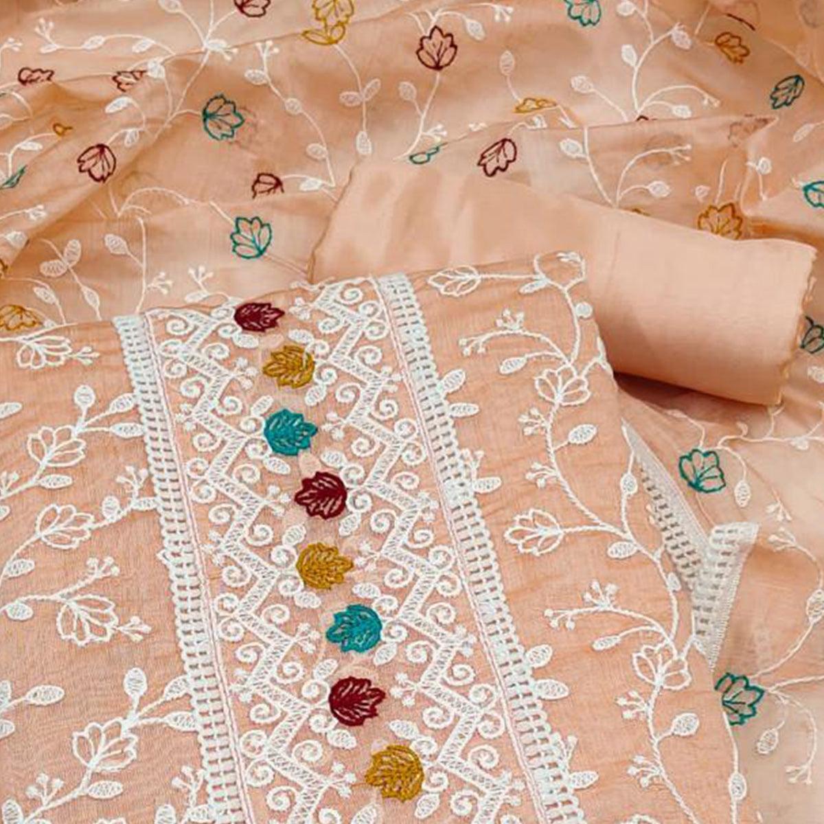 Peach Floral Embroidered Chanderi Dress Material - Peachmode