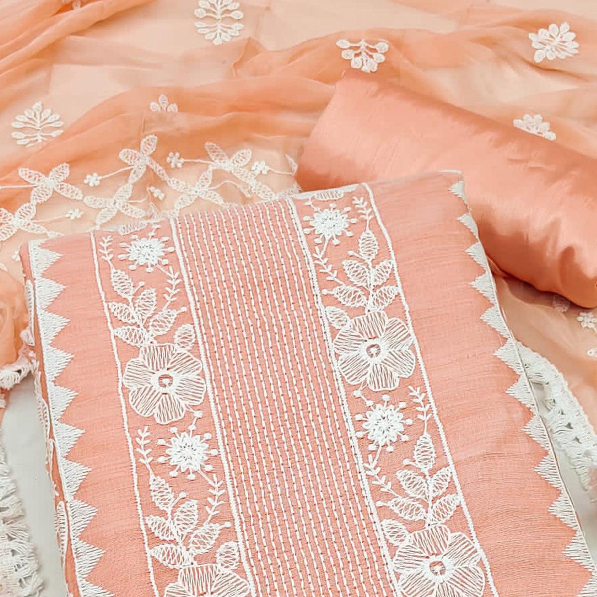Peach Floral Embroidered Chanderi Dress Material - Peachmode