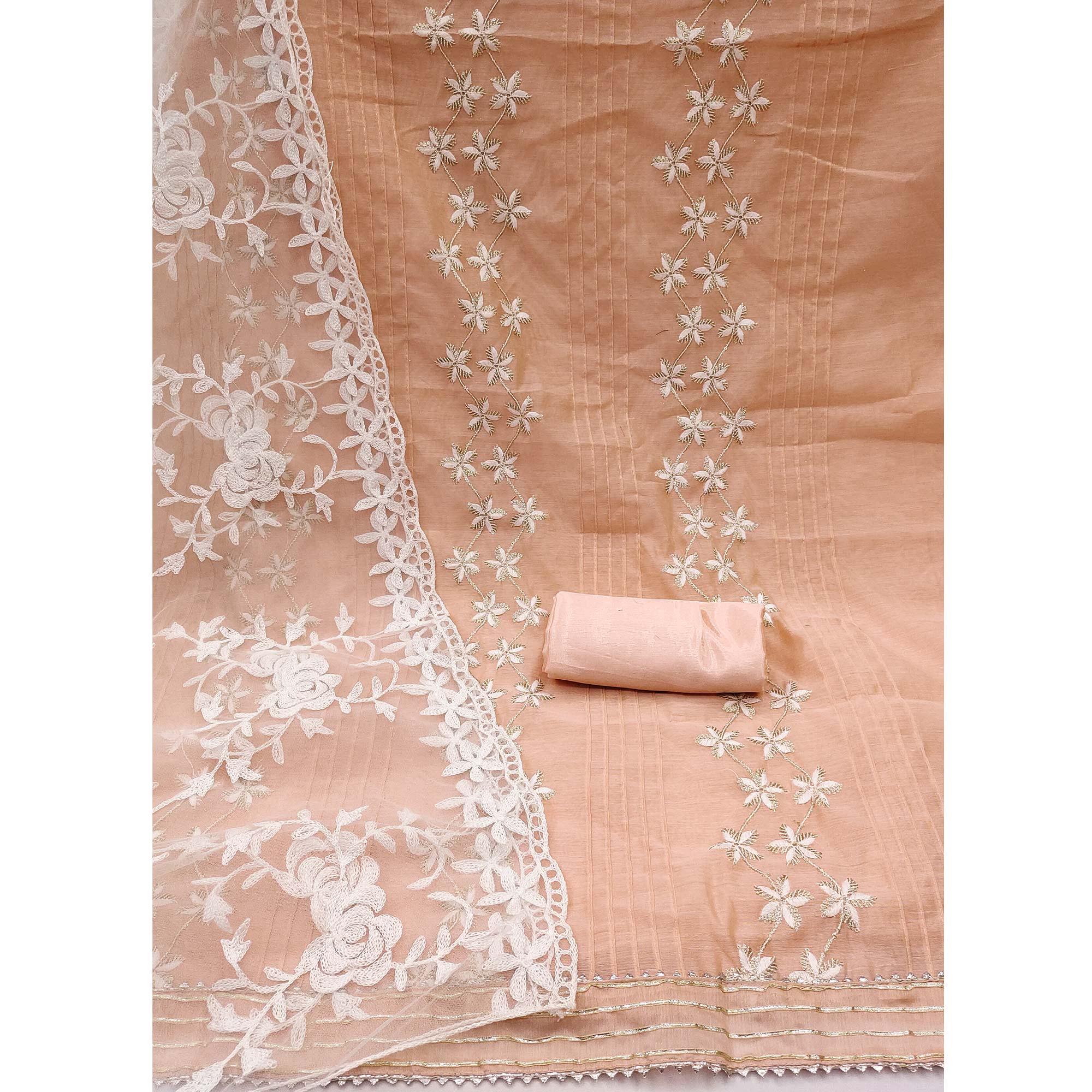 Peach Floral Embroidered Chanderi Dress Material - Peachmode