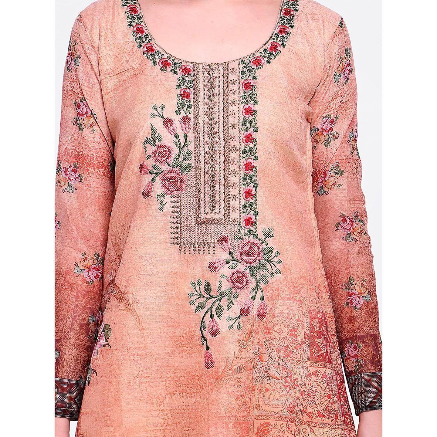 Peach Floral Embroidered Chanderi Dress Material - Peachmode