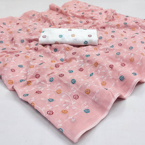 Peach Floral Embroidered Chanderi Saree - Peachmode
