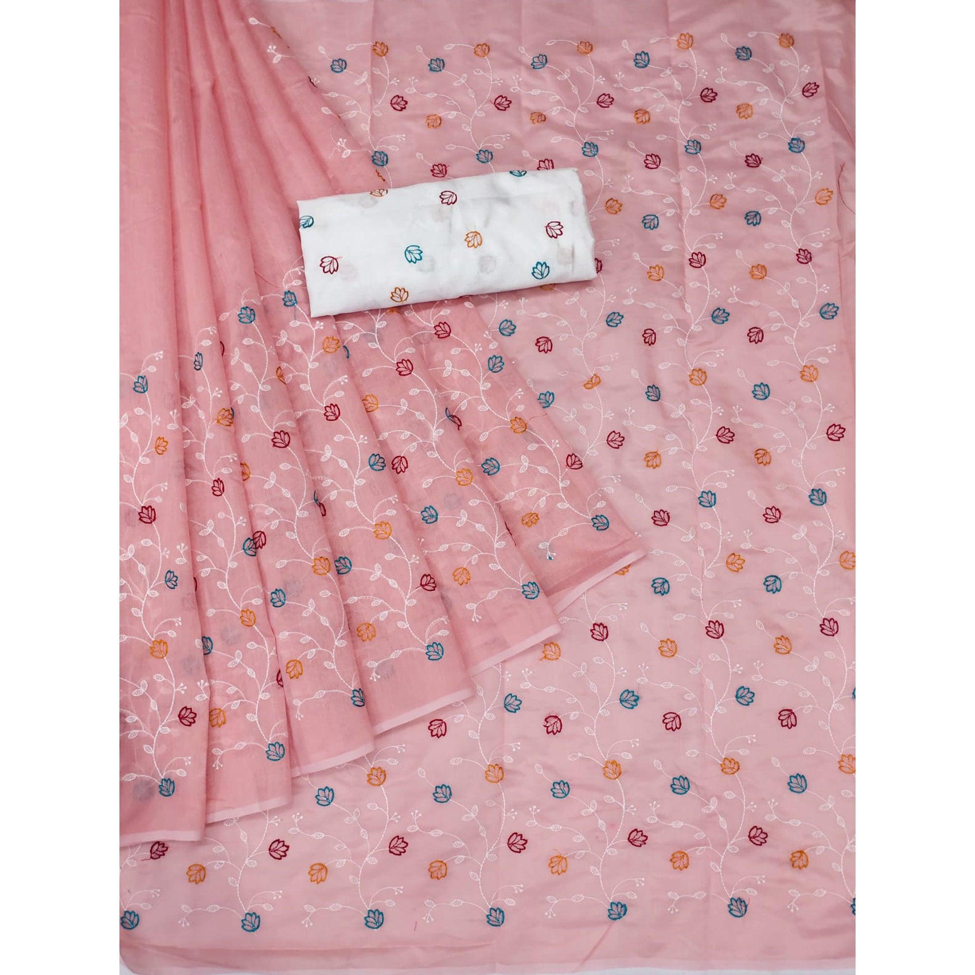 Peach Floral Embroidered Chanderi Saree - Peachmode