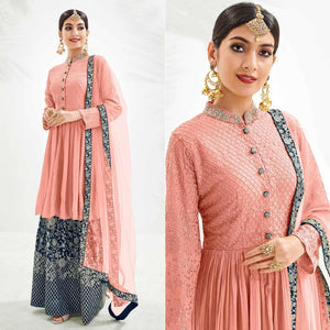 Peach Floral Embroidered Chiffon Palazzo Suit - Peachmode