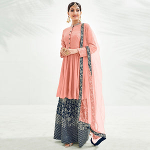 Peach Floral Embroidered Chiffon Palazzo Suit - Peachmode