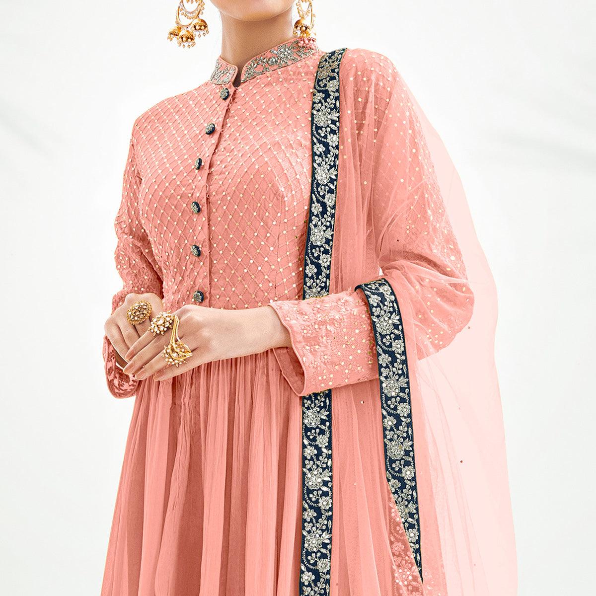 Peach Floral Embroidered Chiffon Palazzo Suit - Peachmode
