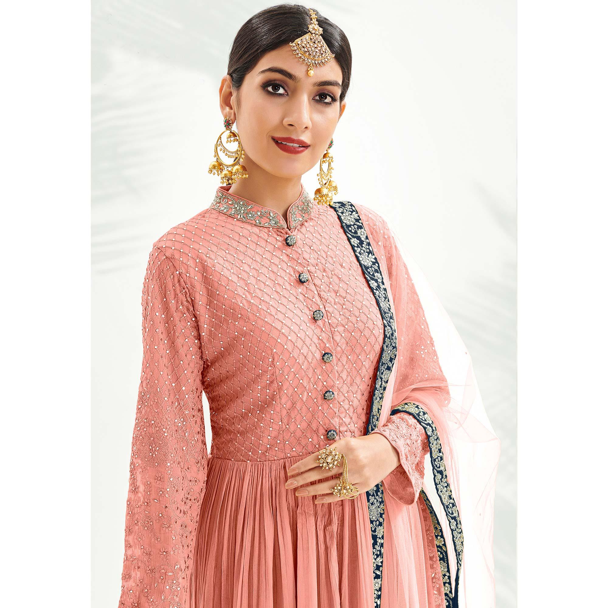 Peach Floral Embroidered Chiffon Palazzo Suit - Peachmode