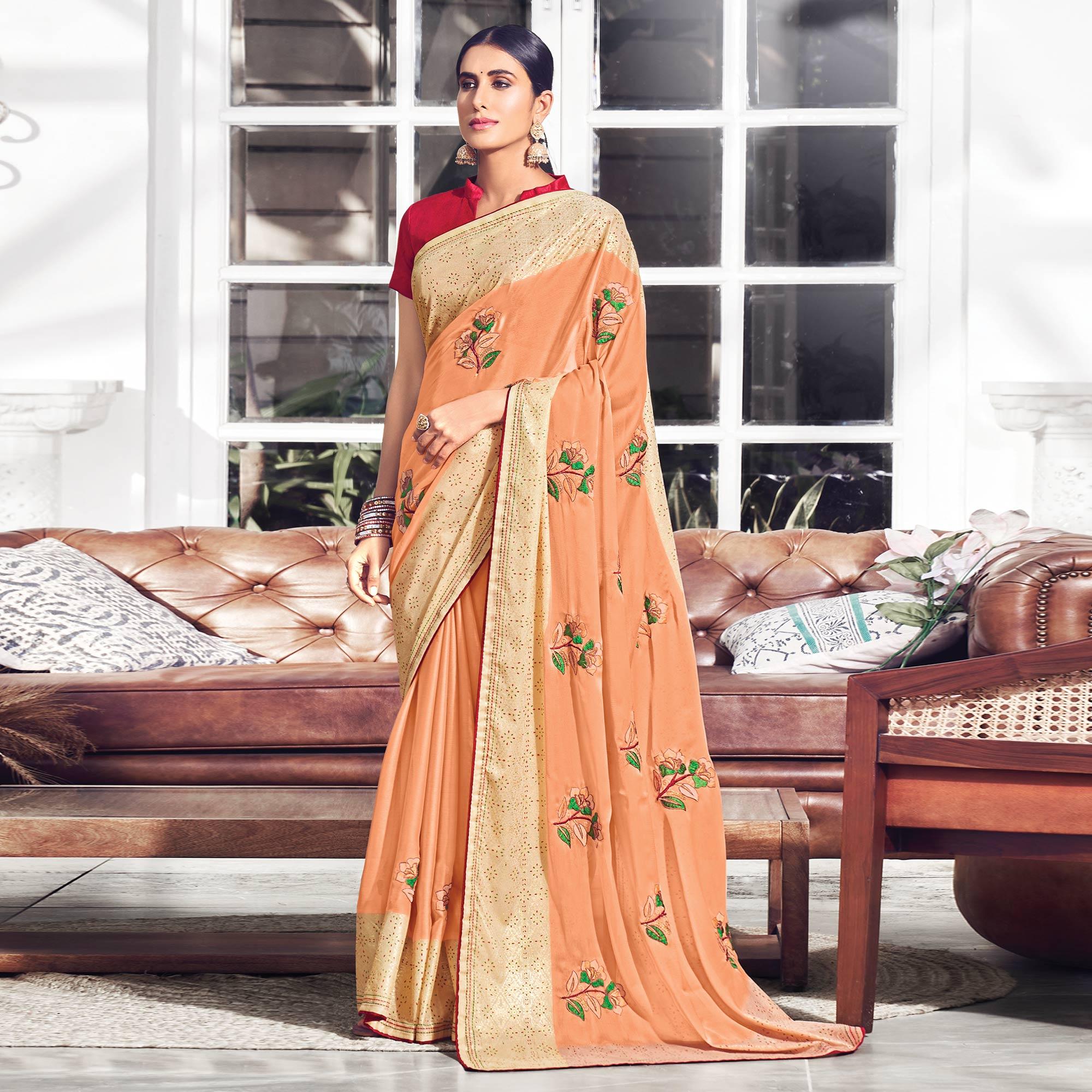 Peach Floral Embroidered Chiffon Saree - Peachmode