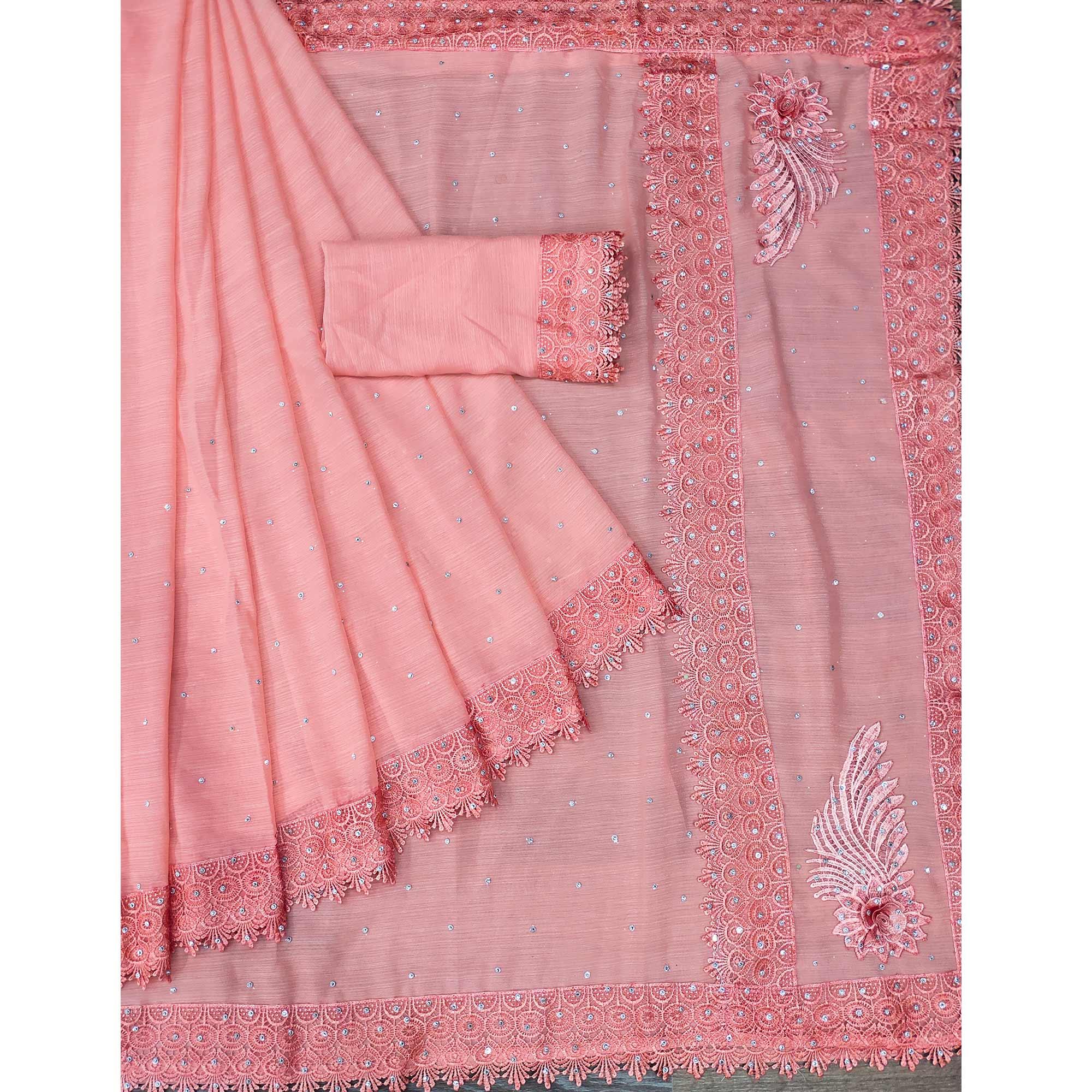 Peach Floral Embroidered Chiffon Saree - Peachmode