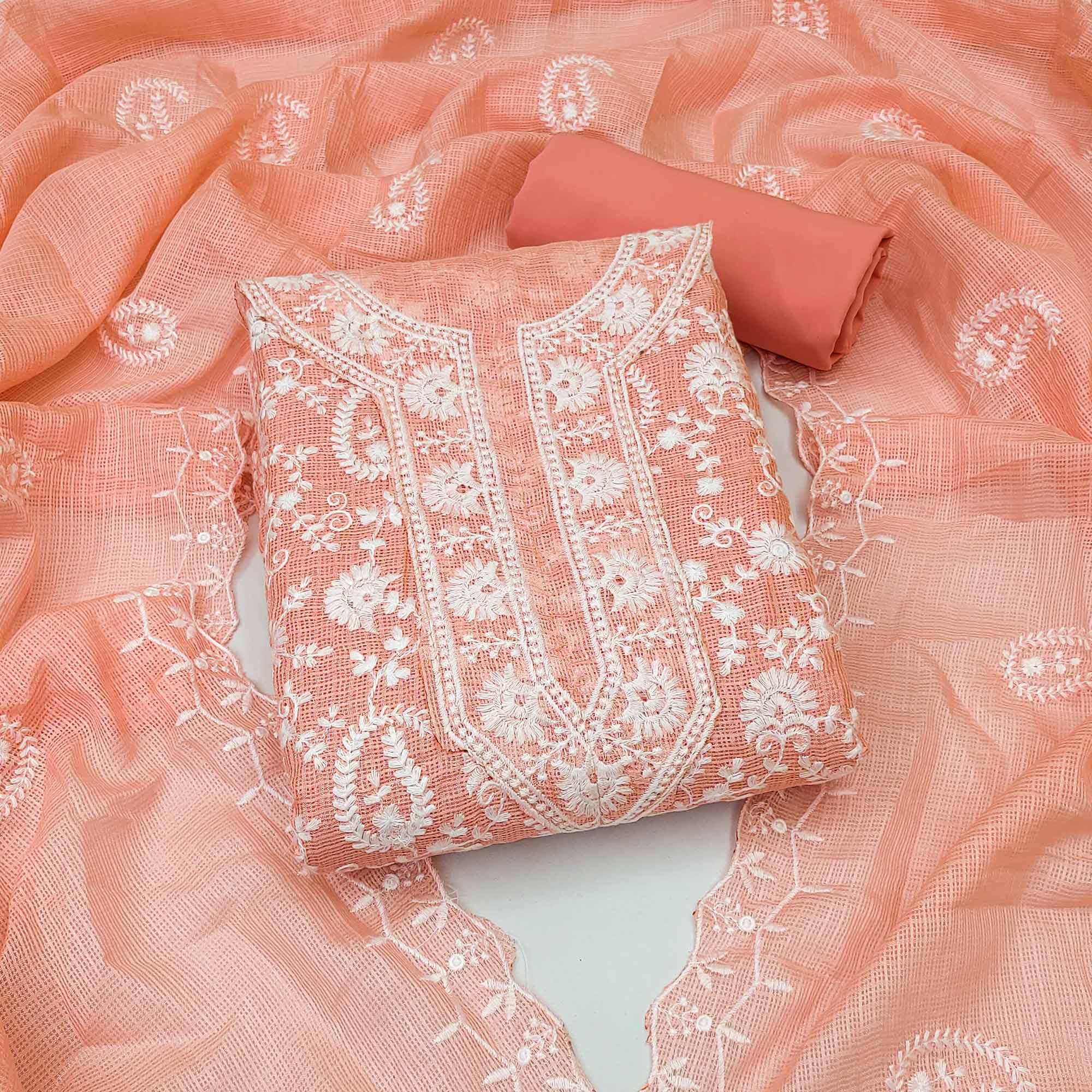 Peach Floral Embroidered Cotton Dress Material - Peachmode