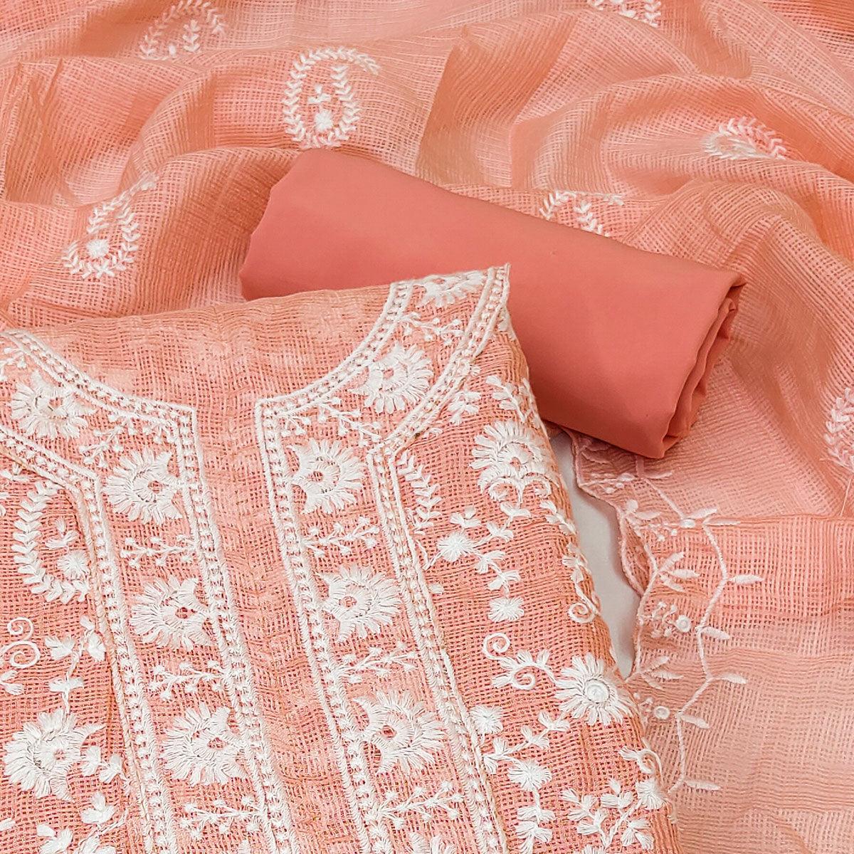 Peach Floral Embroidered Cotton Dress Material - Peachmode