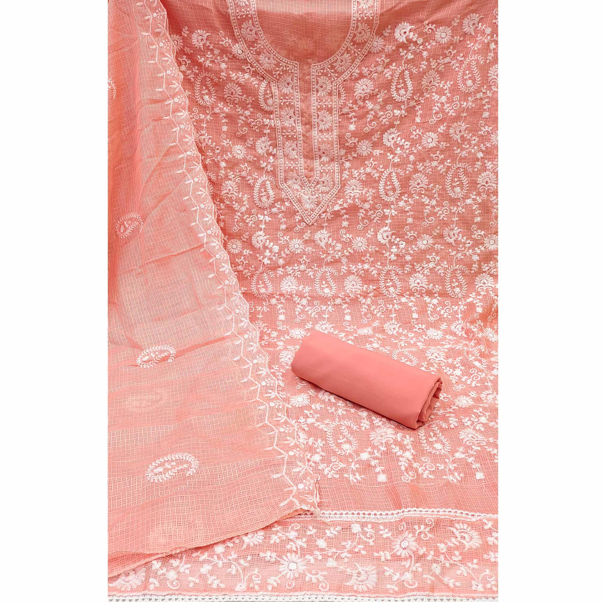 Peach Floral Embroidered Cotton Dress Material - Peachmode