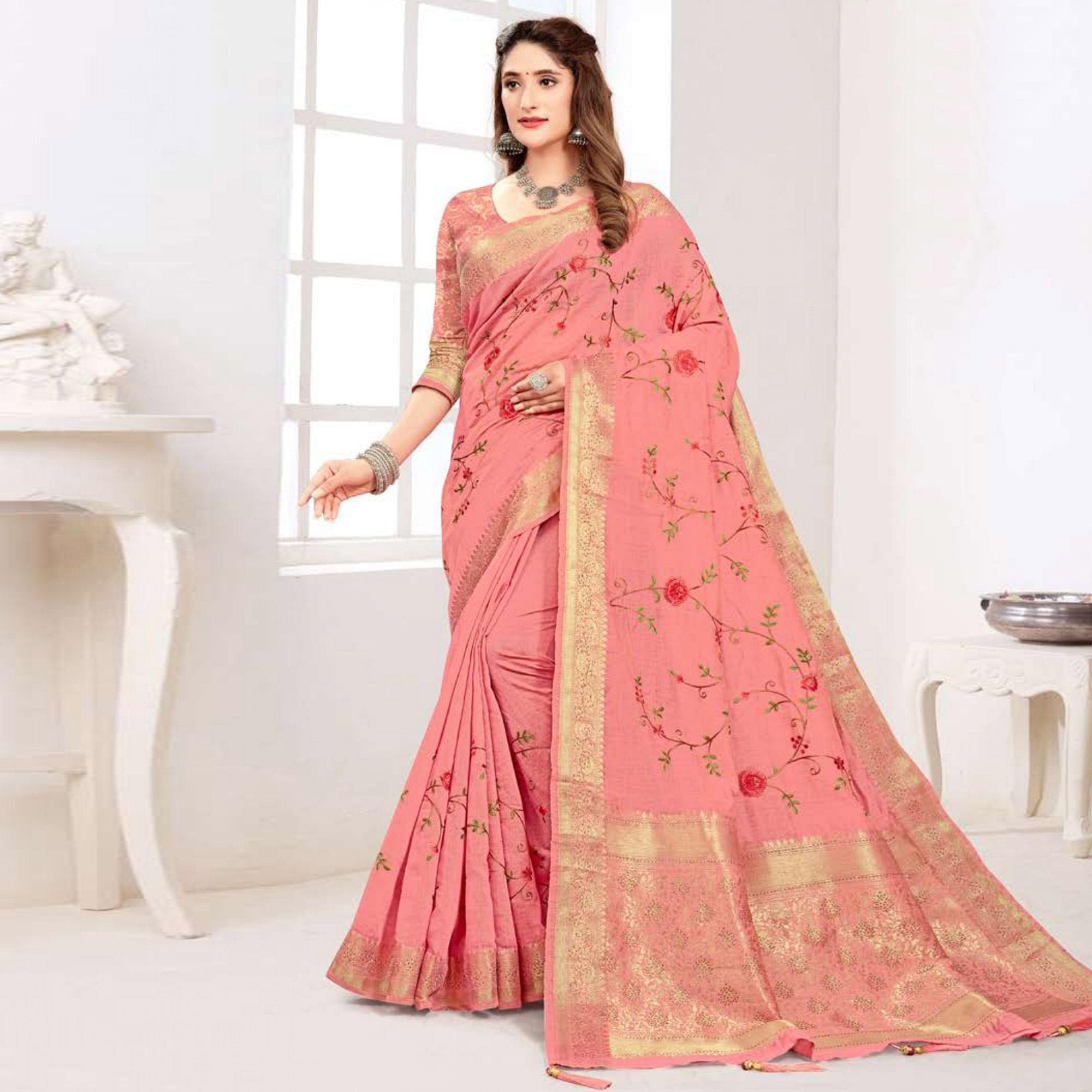Peach Floral Embroidered Cotton Silk Saree With Tassels - Peachmode