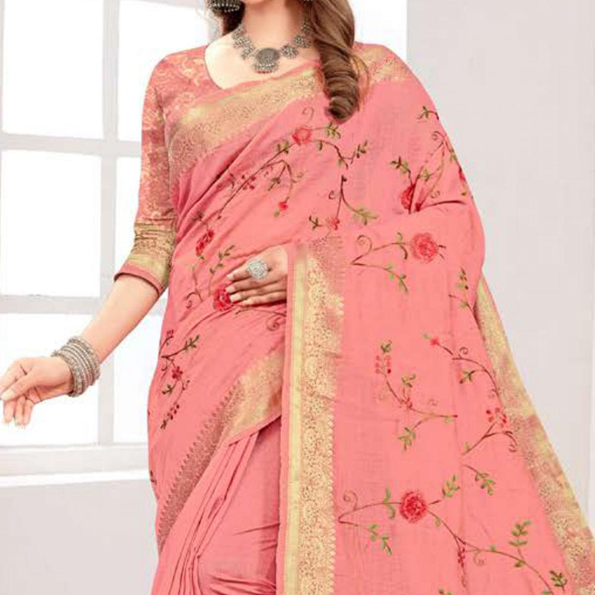 Peach Floral Embroidered Cotton Silk Saree With Tassels - Peachmode