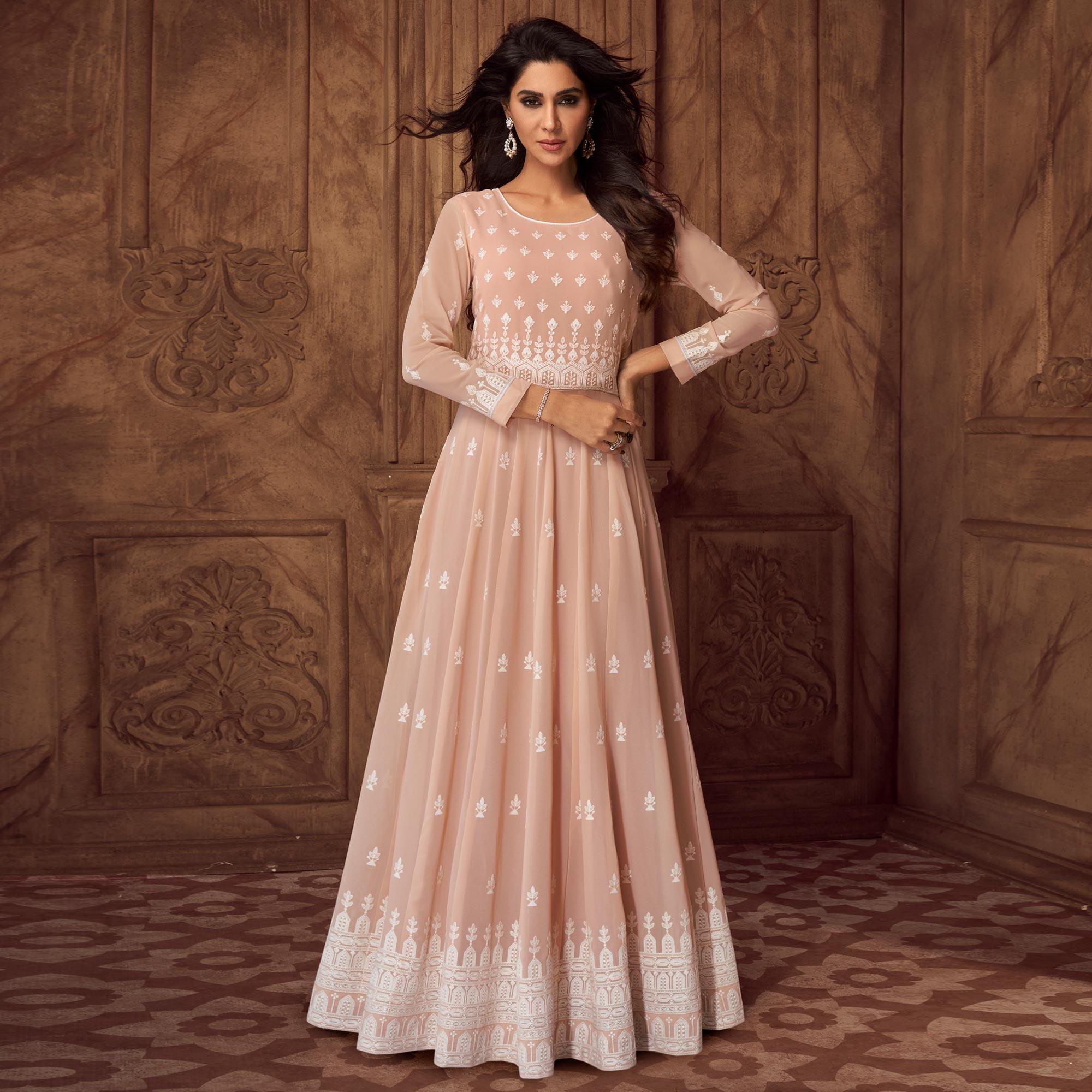Pink Floral Embroidered Rayon Gown