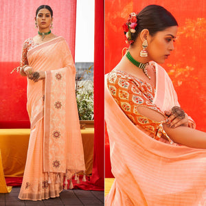 Peach Floral Embroidered Linen Saree - Peachmode
