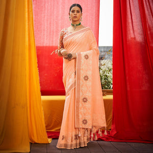 Peach Floral Embroidered Linen Saree - Peachmode