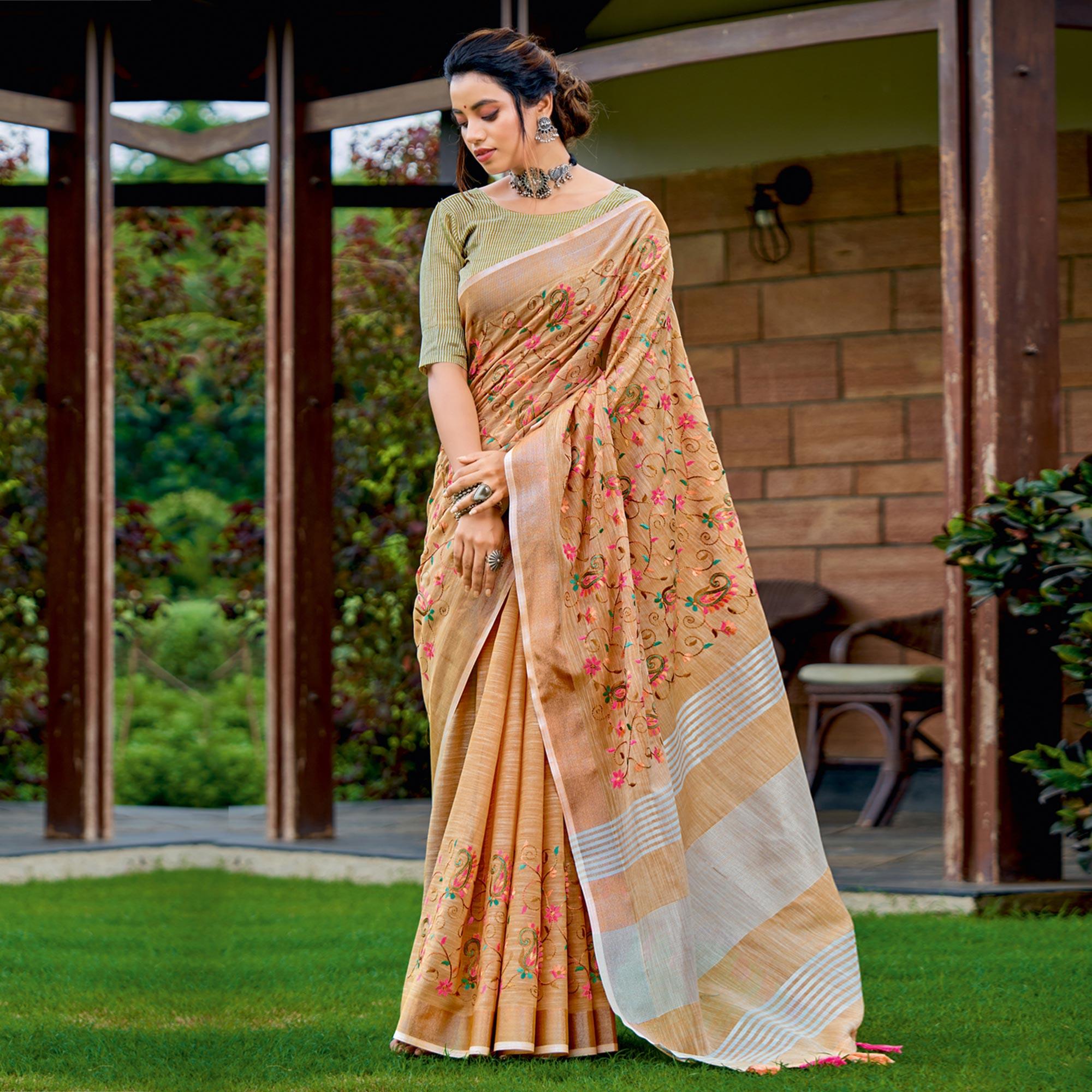 Peach Floral Embroidered Linen Saree With Tassels - Peachmode