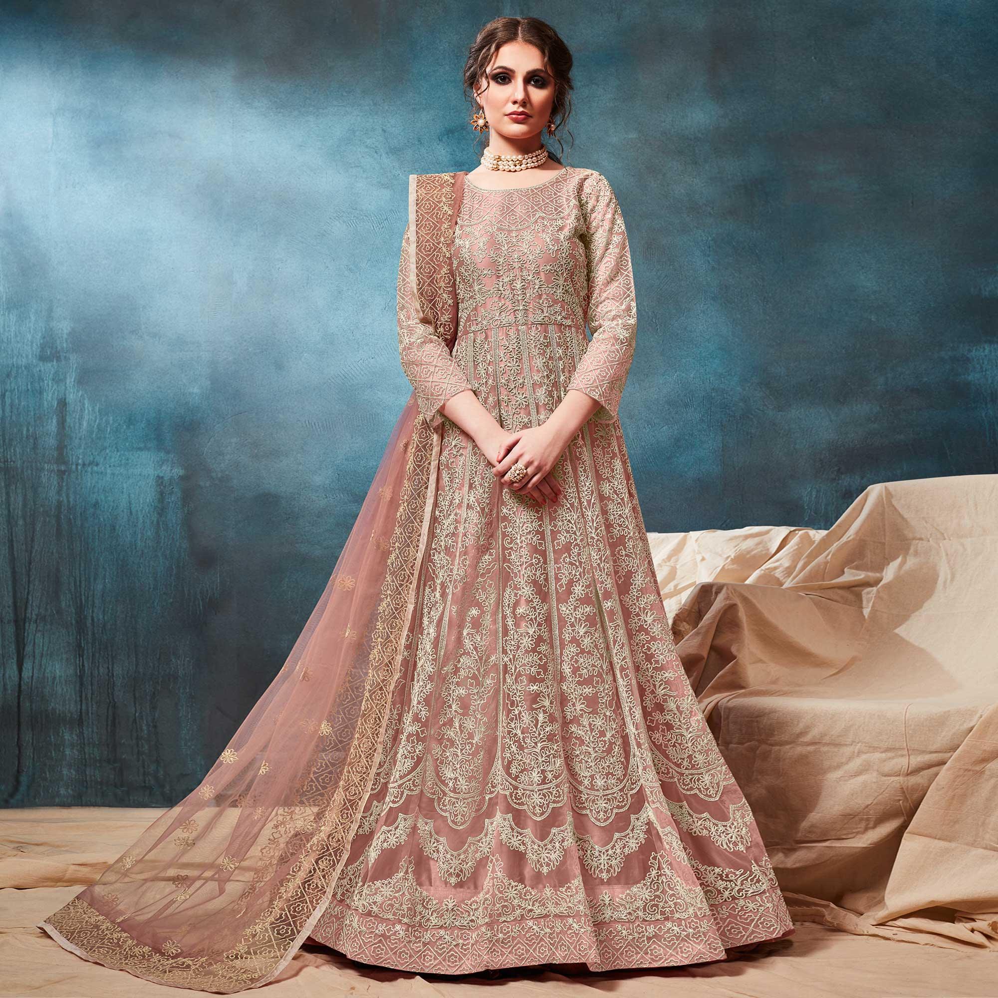 Peach Floral Embroidered Net Anarkali Style Gown - Peachmode