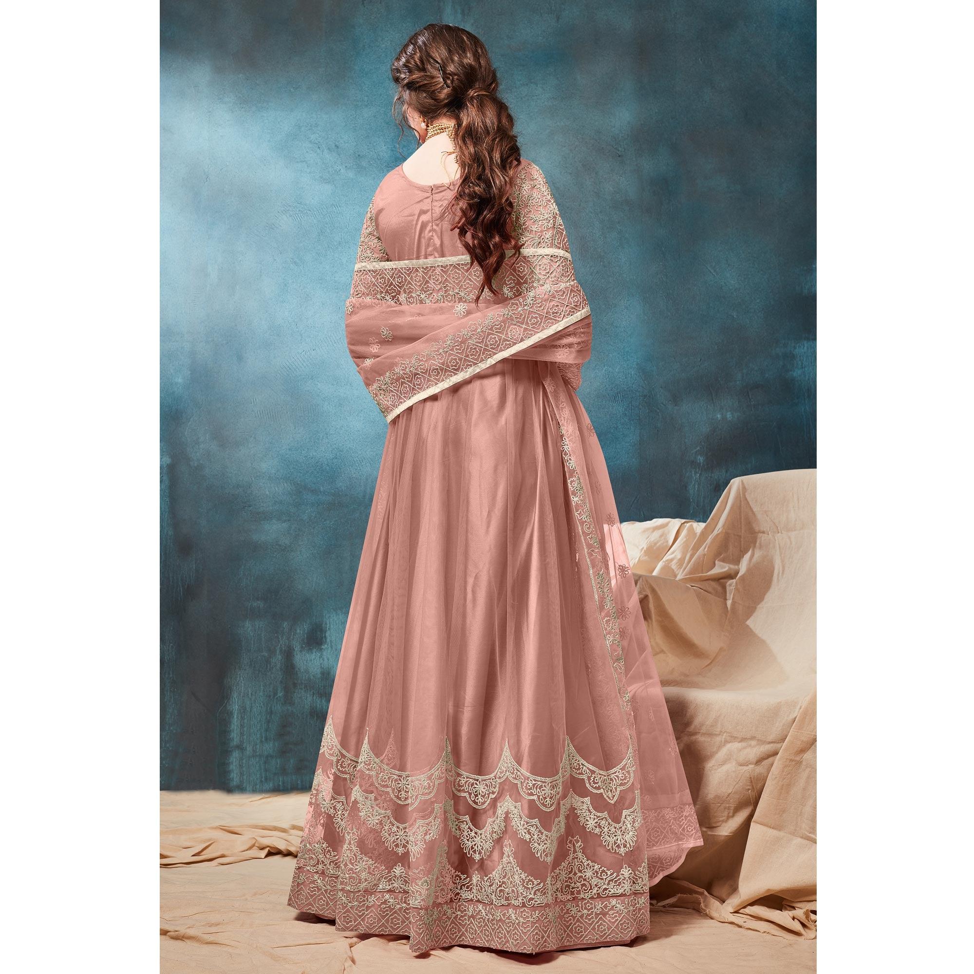 Peach Floral Embroidered Net Anarkali Style Gown - Peachmode