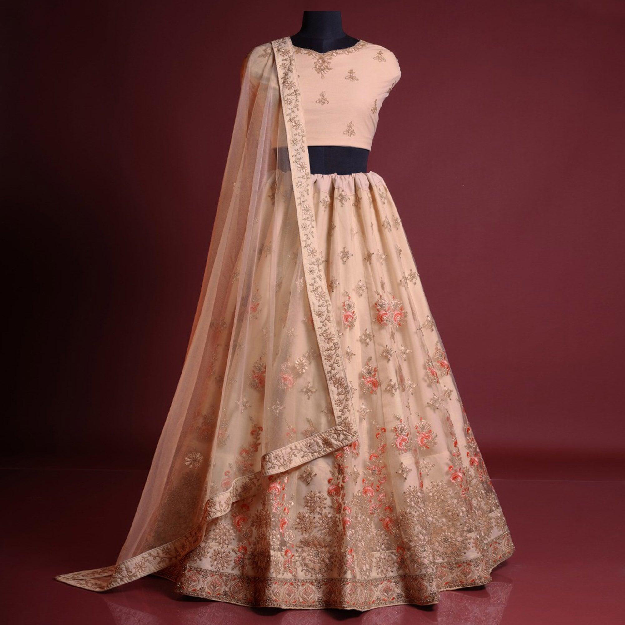 Peach Floral Embroidered Net Lehenga Choli - Peachmode