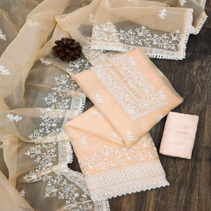 Peach Floral Embroidered Organza Dress Material - Peachmode