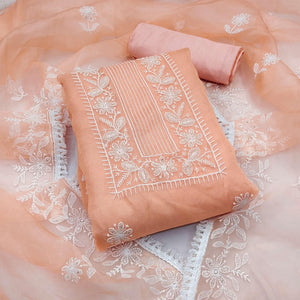 Peach Floral Embroidered Organza Dress Material - Peachmode