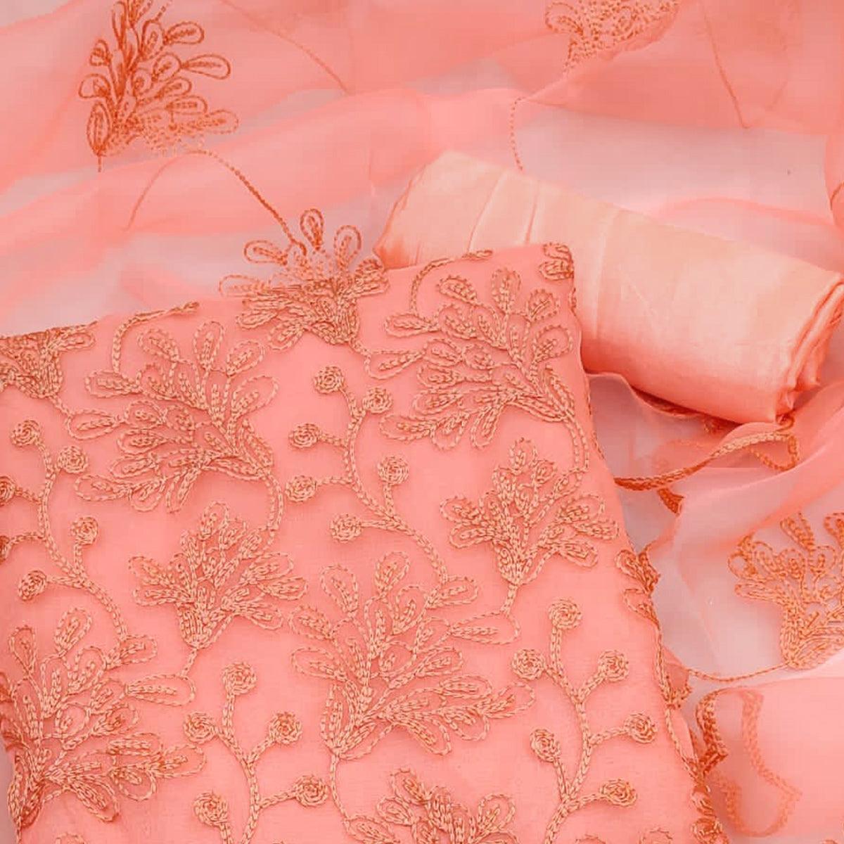 Peach Floral Embroidered Organza Dress Material - Peachmode