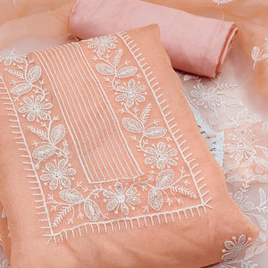 Peach Floral Embroidered Organza Dress Material - Peachmode